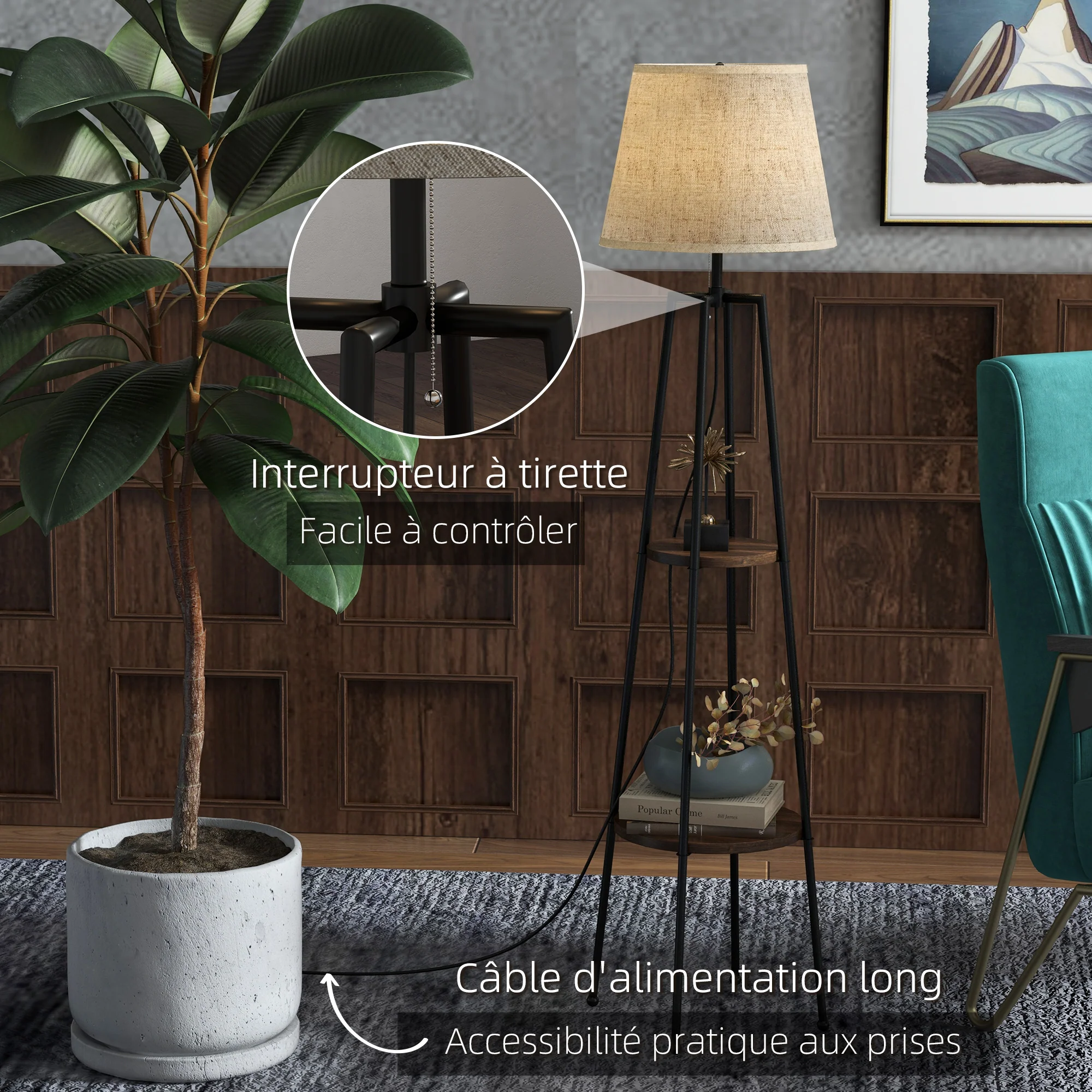 Lampadaire, lampe de salon sur pied, 2 étagères de rangement, douille E27, 40 W, interrupteur à tirette inclus, abat-jour tissu, métal, design moderne, noir marron - Image 7