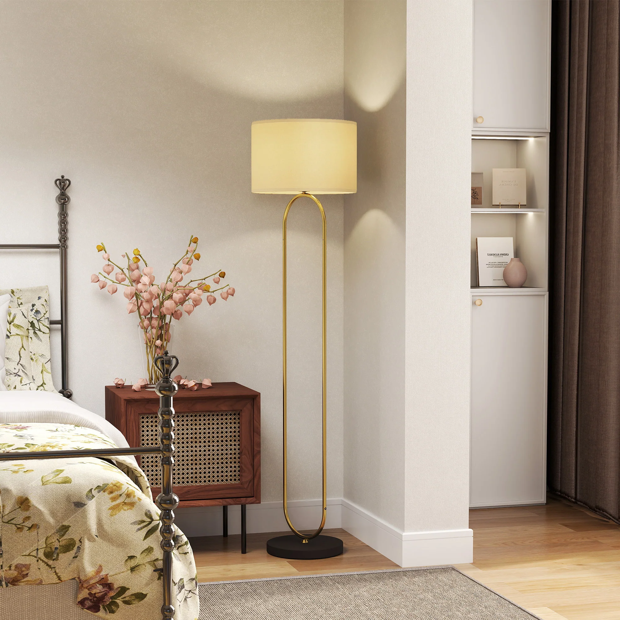 Lampadaire lampe sur pied de salon abat-jour en lin douille E27 style moderne lampadaire sur pied avec interrupteur pour salon et chambre 156 cm doré et noir - Image 3