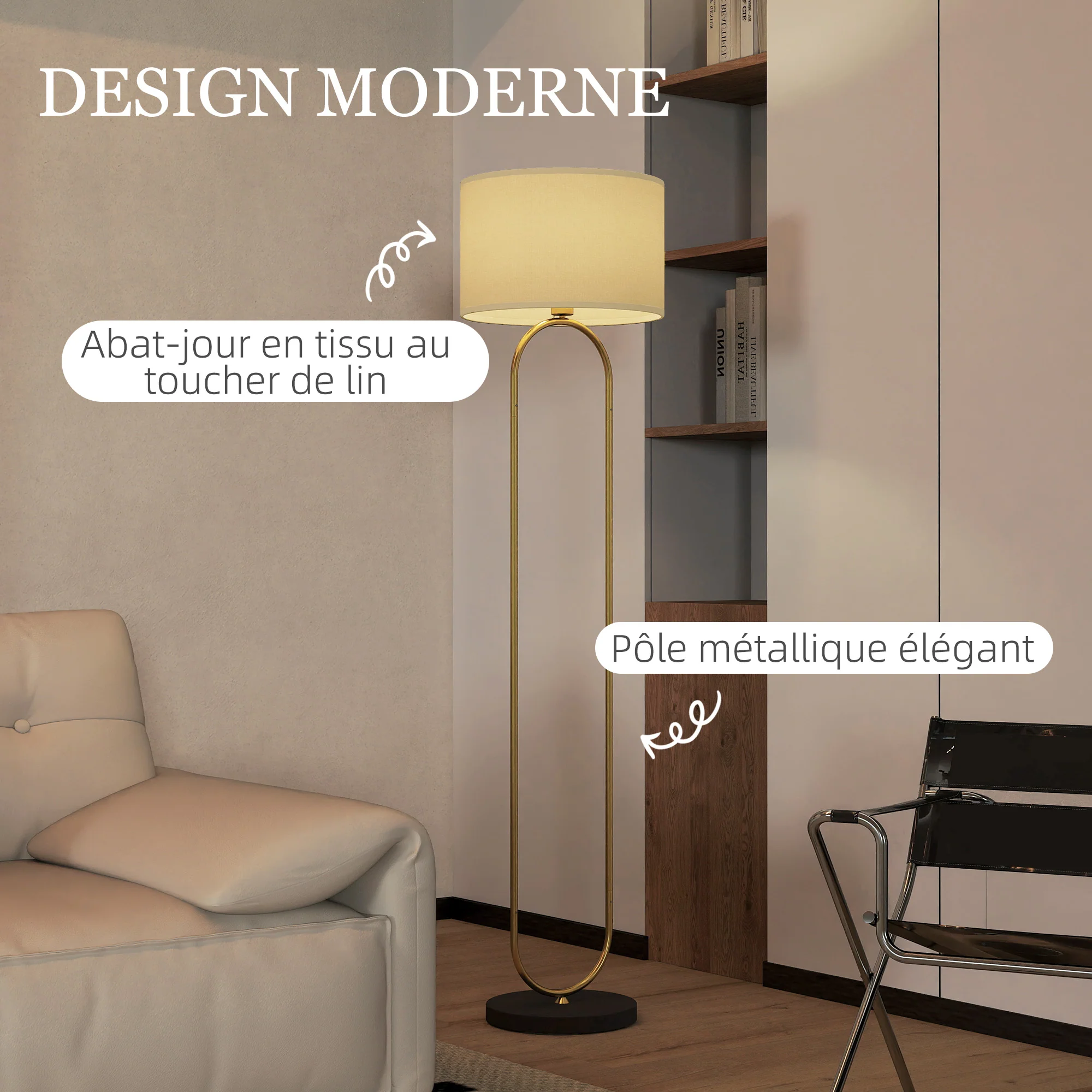 Lampadaire lampe sur pied de salon abat-jour en lin douille E27 style moderne lampadaire sur pied avec interrupteur pour salon et chambre 156 cm doré et noir - Image 5