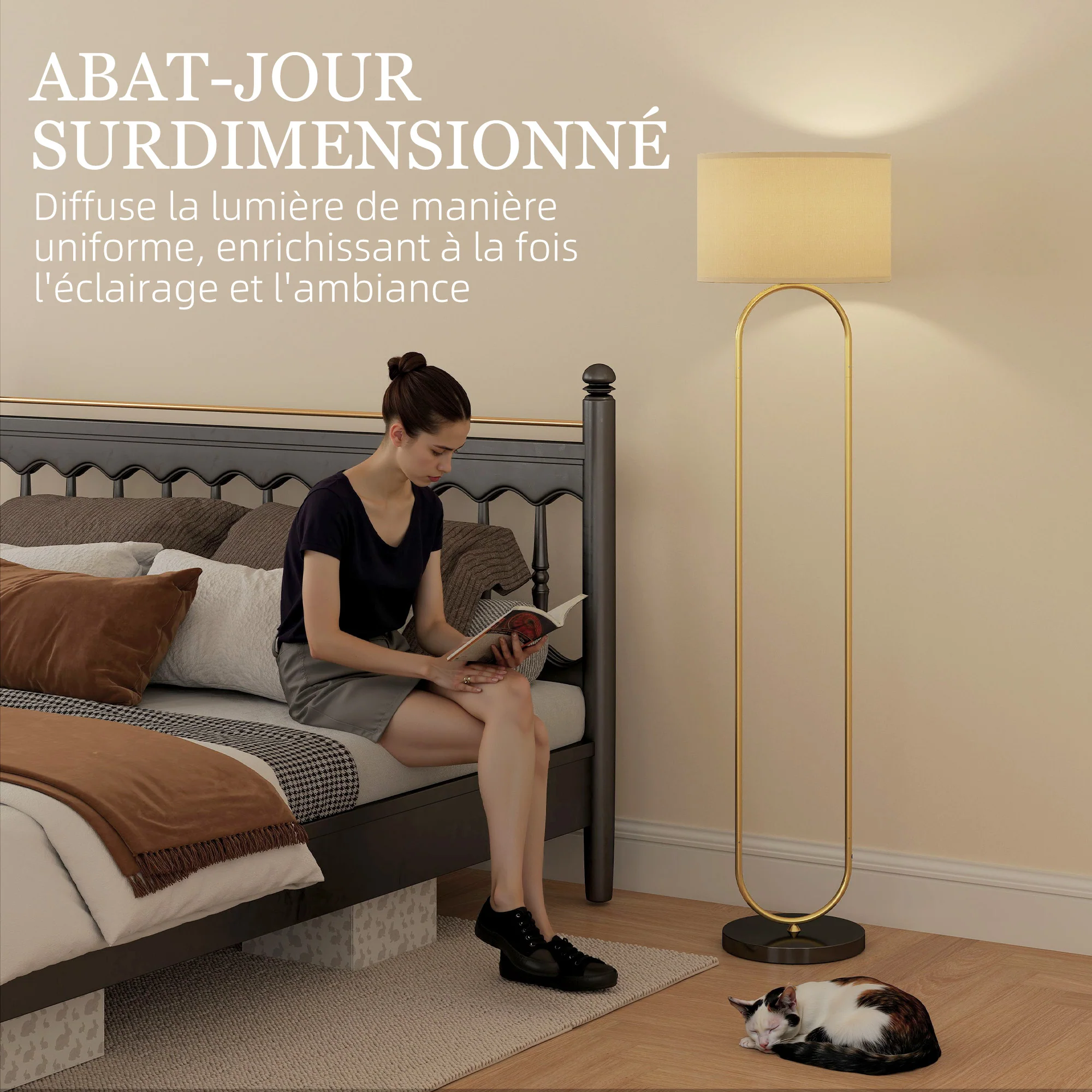 Lampadaire lampe sur pied de salon abat-jour en lin douille E27 style moderne lampadaire sur pied avec interrupteur pour salon et chambre 156 cm doré et noir - Image 6