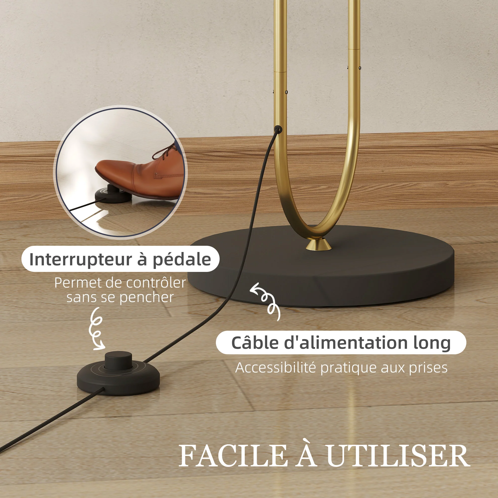 Lampadaire lampe sur pied de salon abat-jour en lin douille E27 style moderne lampadaire sur pied avec interrupteur pour salon et chambre 156 cm doré et noir - Image 7