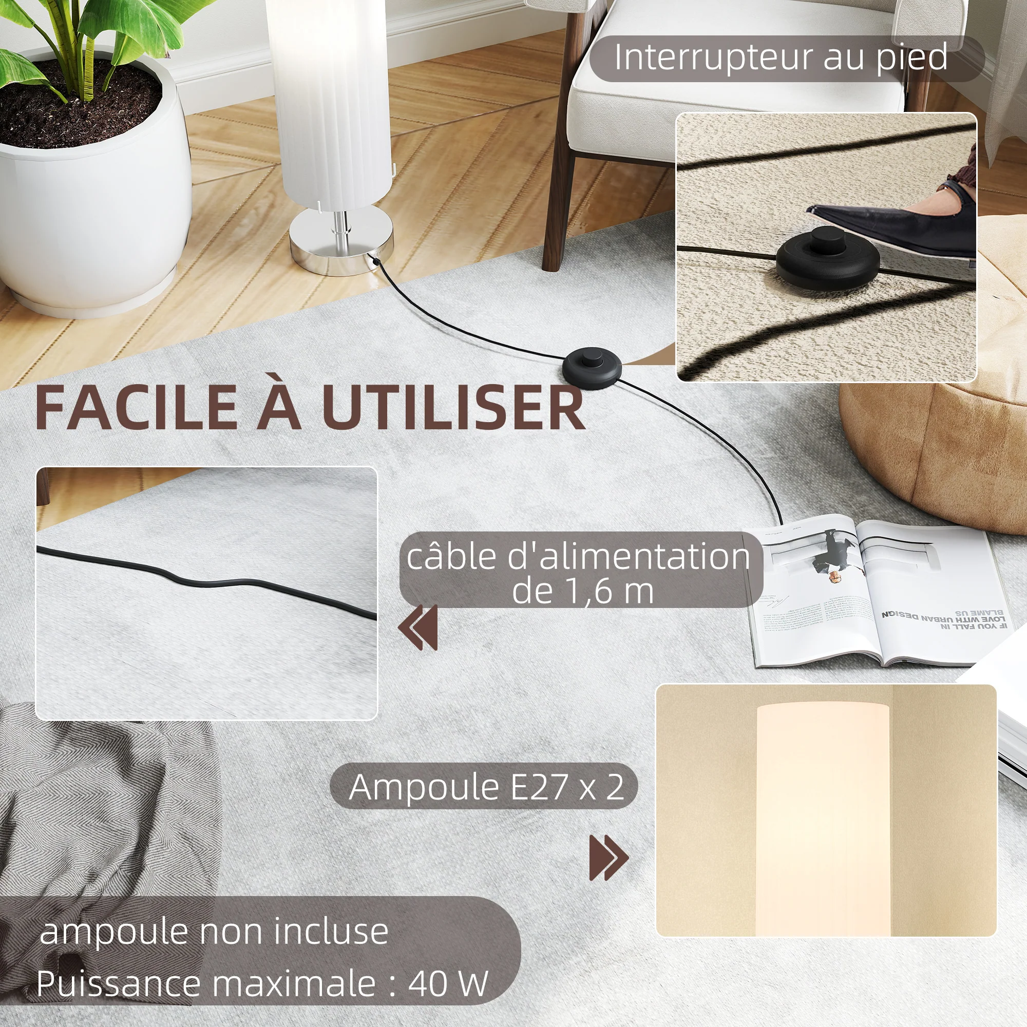 Lampadaire lampe sur pied de salon style moderne lampadaire sur pied avec interrupteur pour salon et chambre 120 cm blanc - Image 7