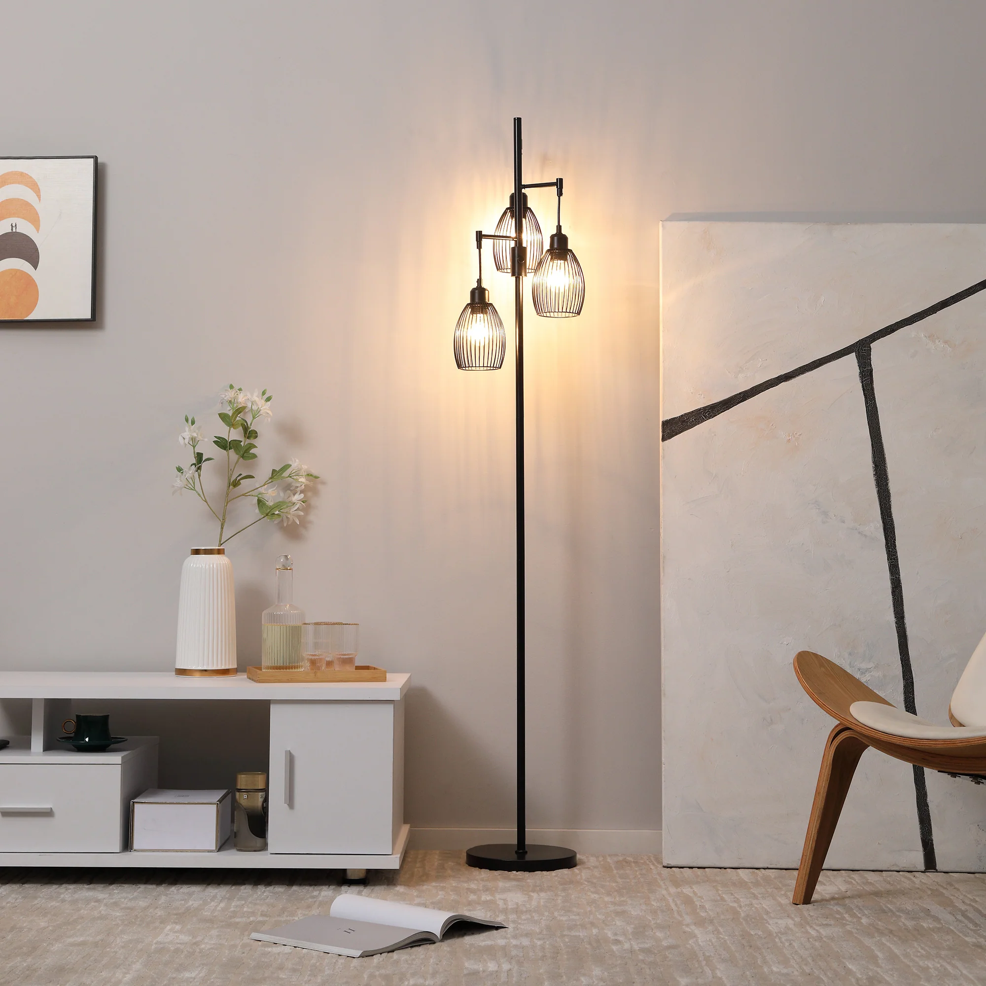 Lampadaire style industriel 40 W max. 3 abat-jours en métal filaire luminosité réglable - ampoule E27 - noir - Image 3