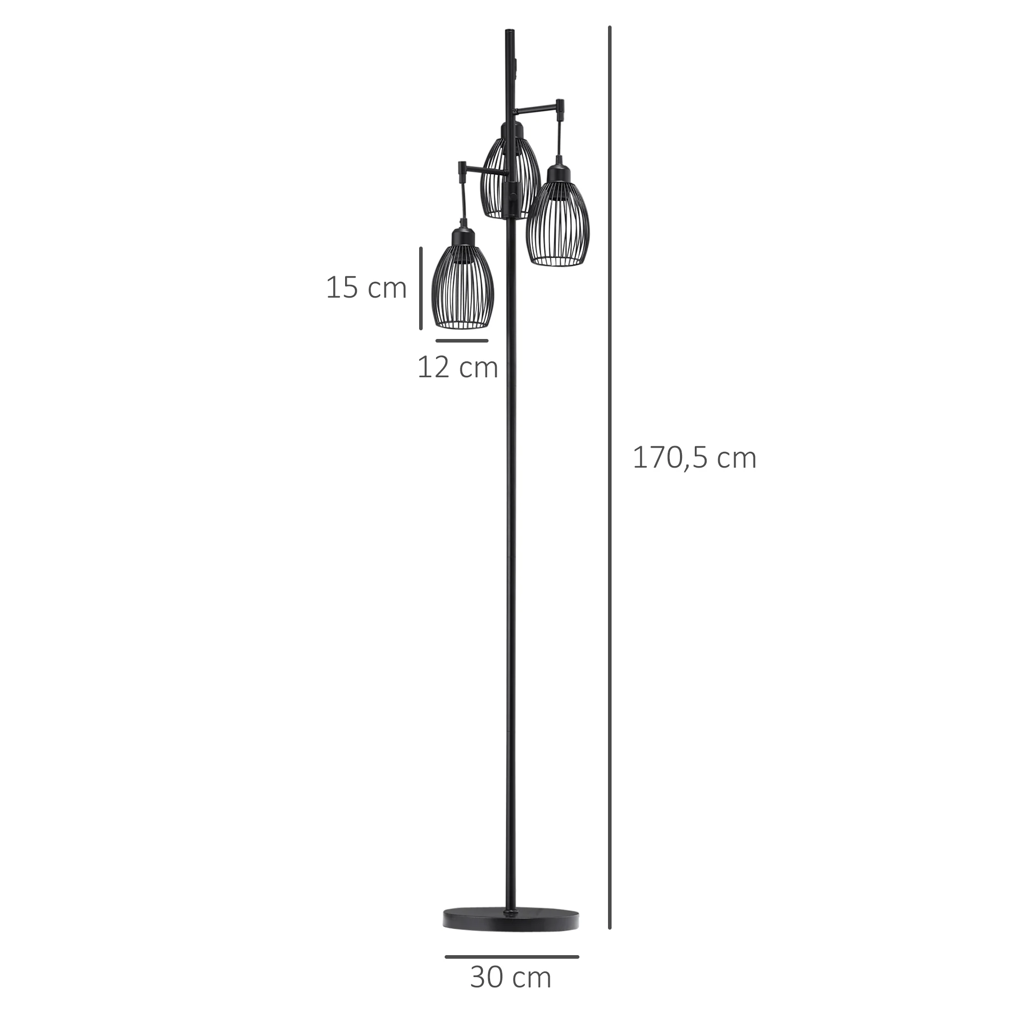 Lampadaire style industriel 40 W max. 3 abat-jours en métal filaire luminosité réglable - ampoule E27 - noir - Image 4
