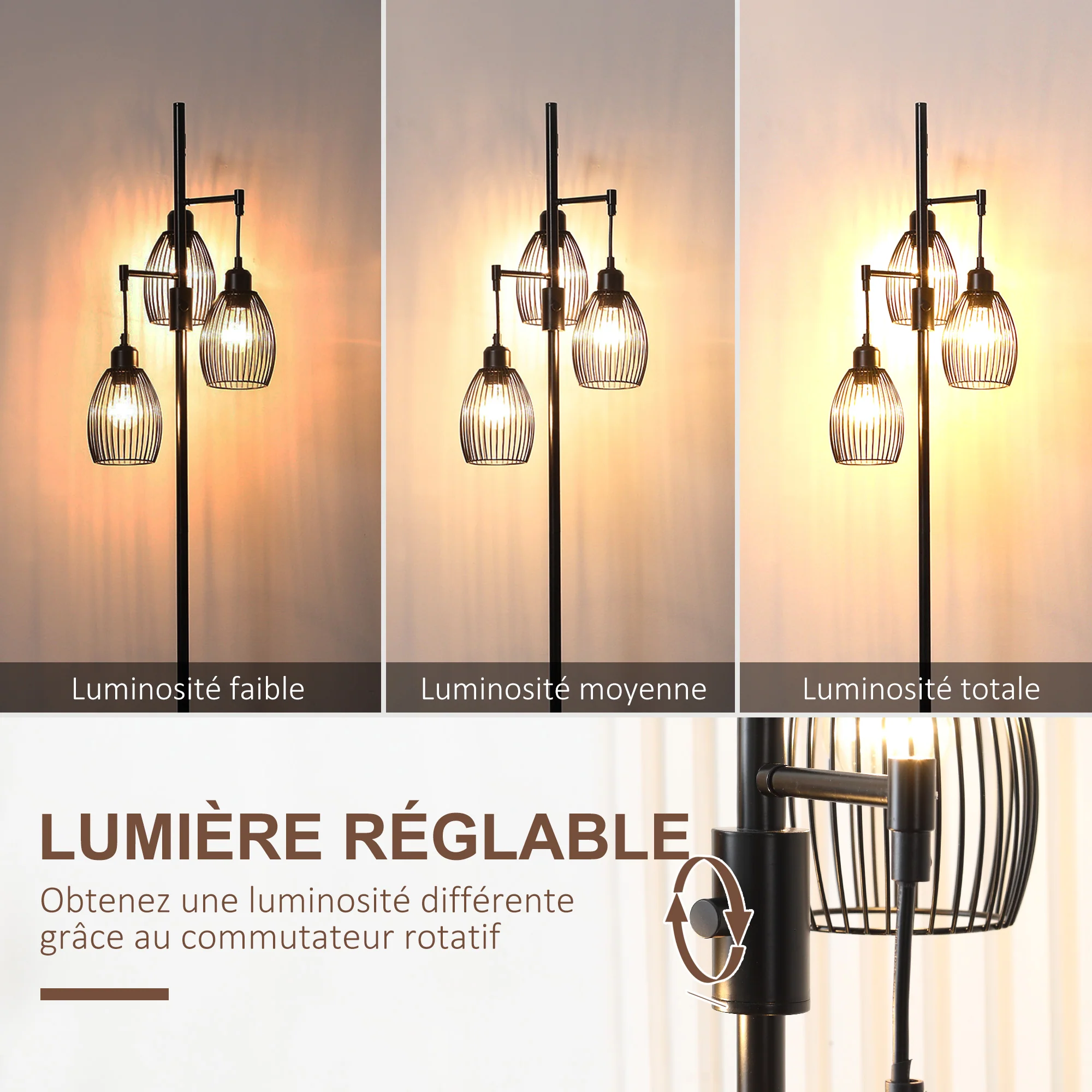 Lampadaire style industriel 40 W max. 3 abat-jours en métal filaire luminosité réglable - ampoule E27 - noir - Image 5