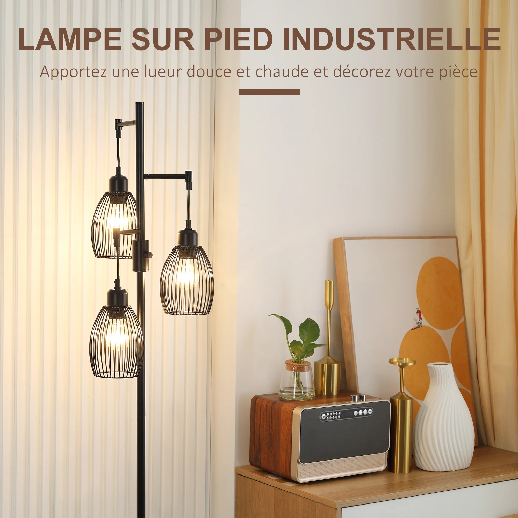 Lampadaire style industriel 40 W max. 3 abat-jours en métal filaire luminosité réglable - ampoule E27 - noir - Image 6