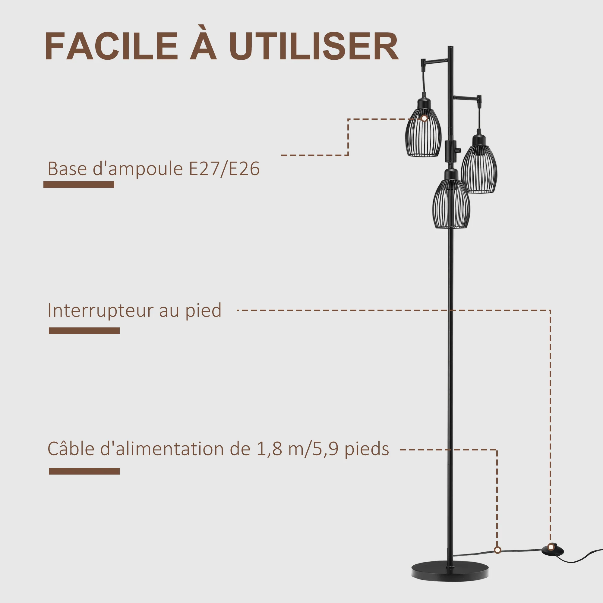 Lampadaire style industriel 40 W max. 3 abat-jours en métal filaire luminosité réglable - ampoule E27 - noir - Image 7