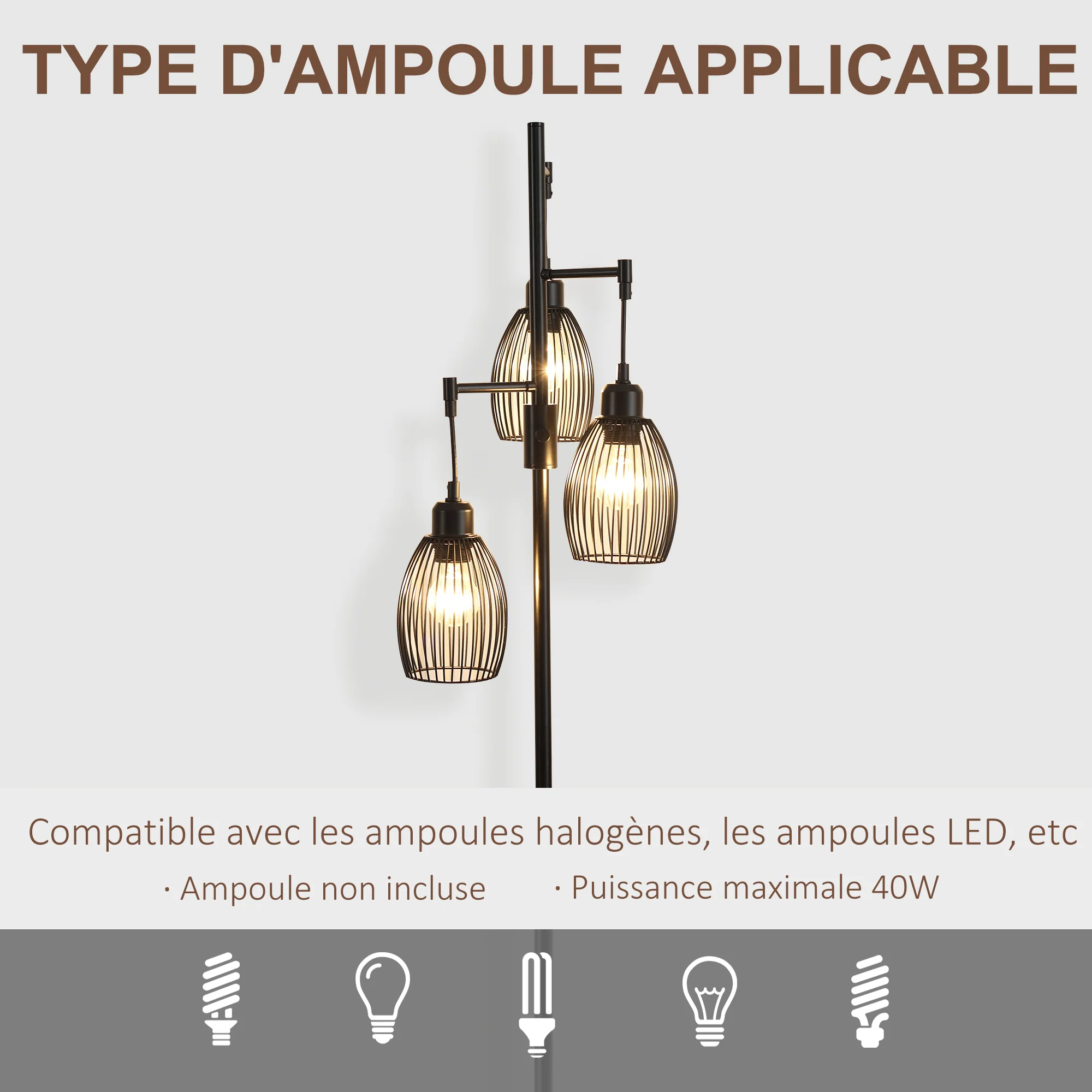 Lampadaire style industriel 40 W max. 3 abat-jours en métal filaire luminosité réglable - ampoule E27 - noir - Image 8