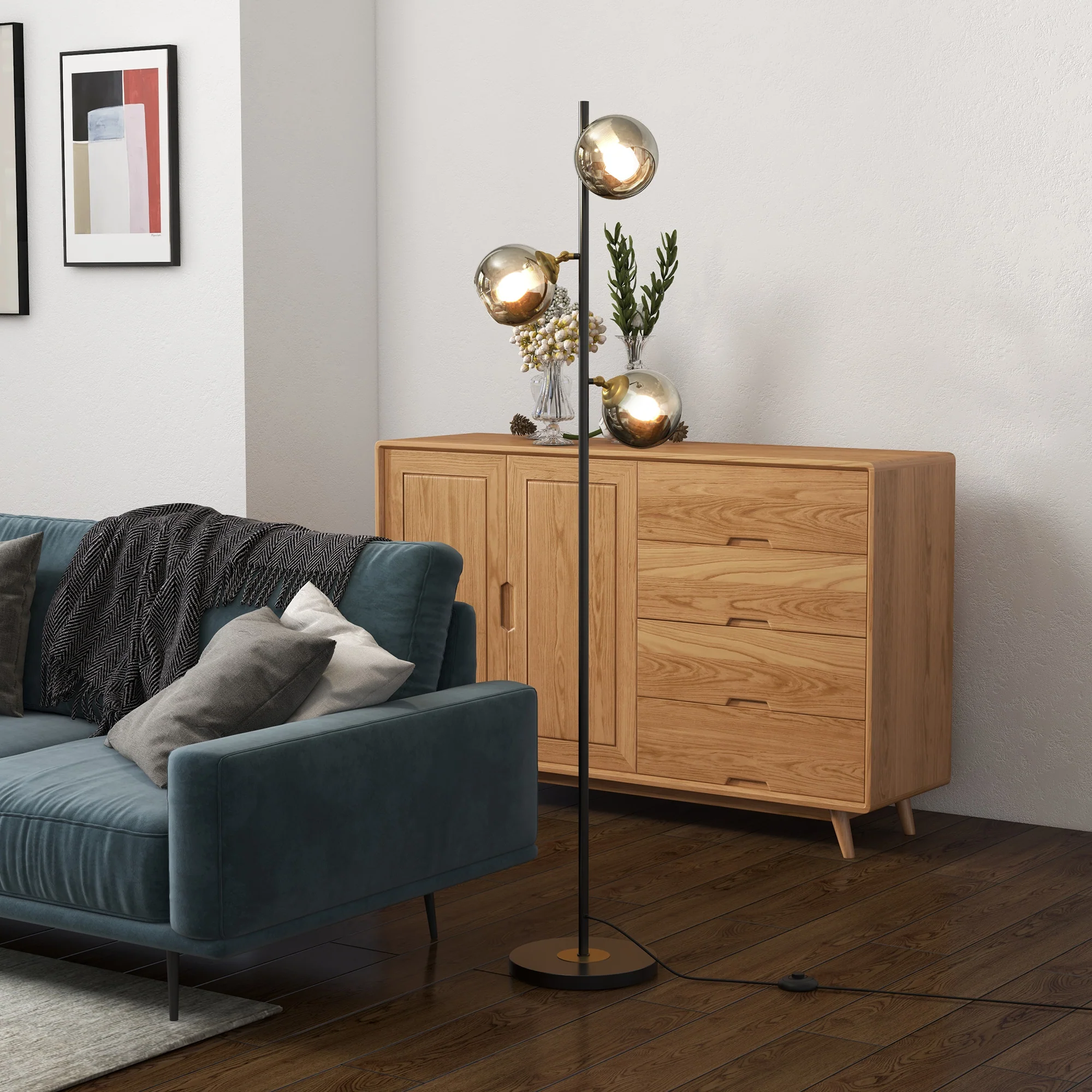 Lampadaire sur pied salon en métal avec 3 abat-jours globe métal chromé 40W ? 36 x 162H cm noir et gris - Image 3