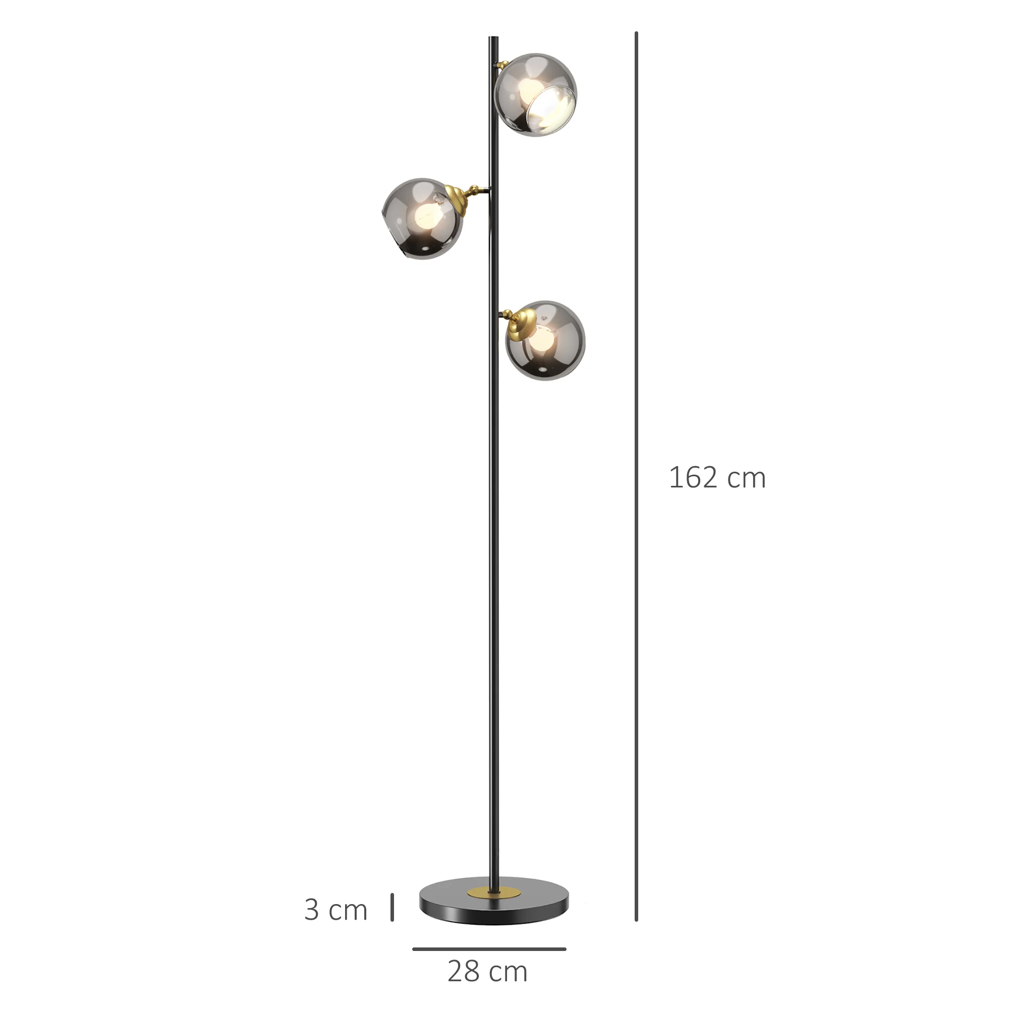 Lampadaire sur pied salon en métal avec 3 abat-jours globe métal chromé 40W ? 36 x 162H cm noir et gris - Image 4