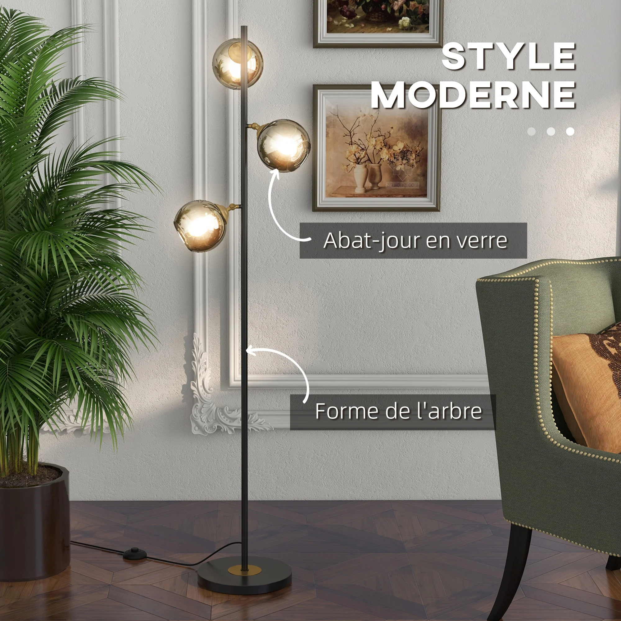 Lampadaire sur pied salon en métal avec 3 abat-jours globe métal chromé 40W ? 36 x 162H cm noir et gris - Image 5