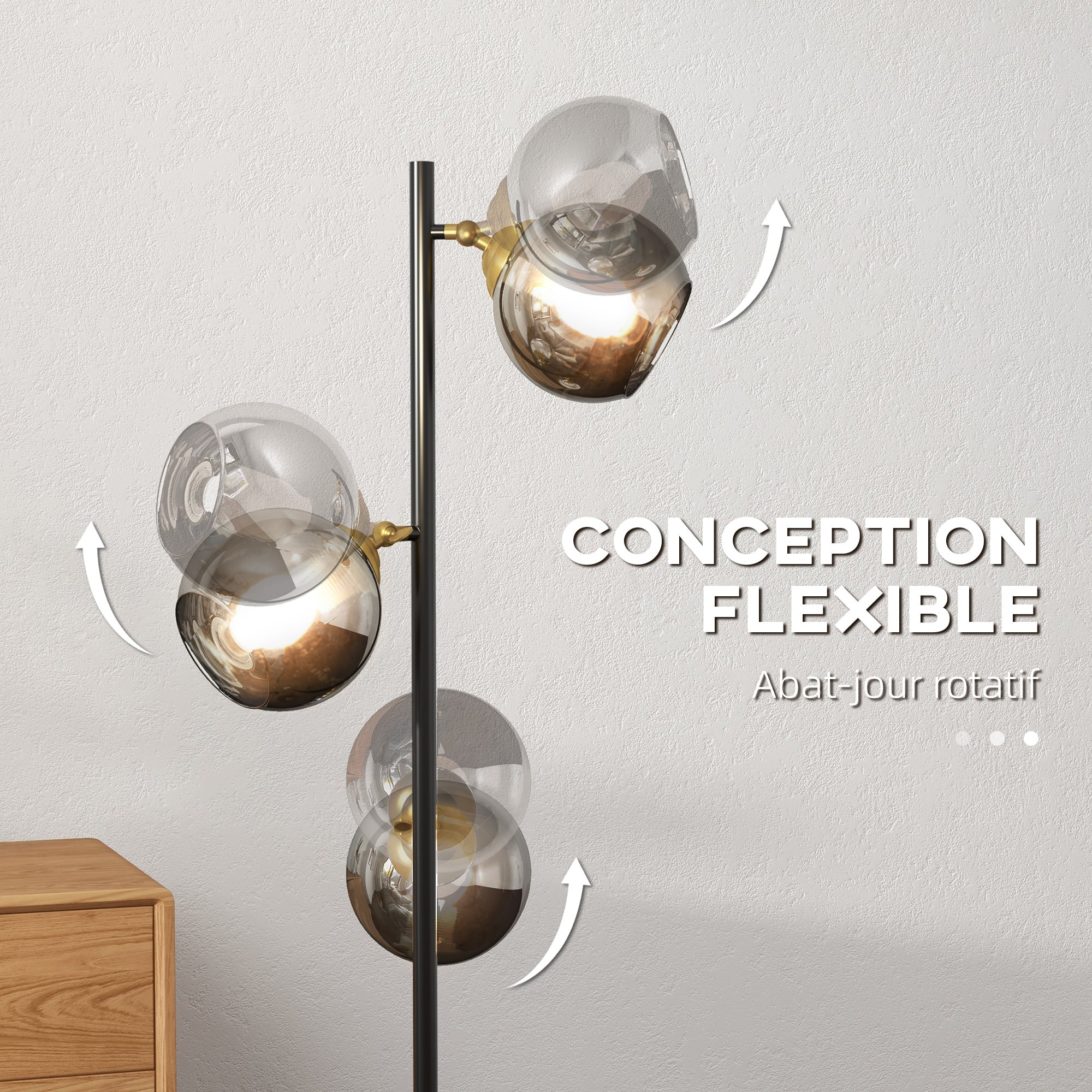 Lampadaire sur pied salon en métal avec 3 abat-jours globe métal chromé 40W ? 36 x 162H cm noir et gris - Image 6