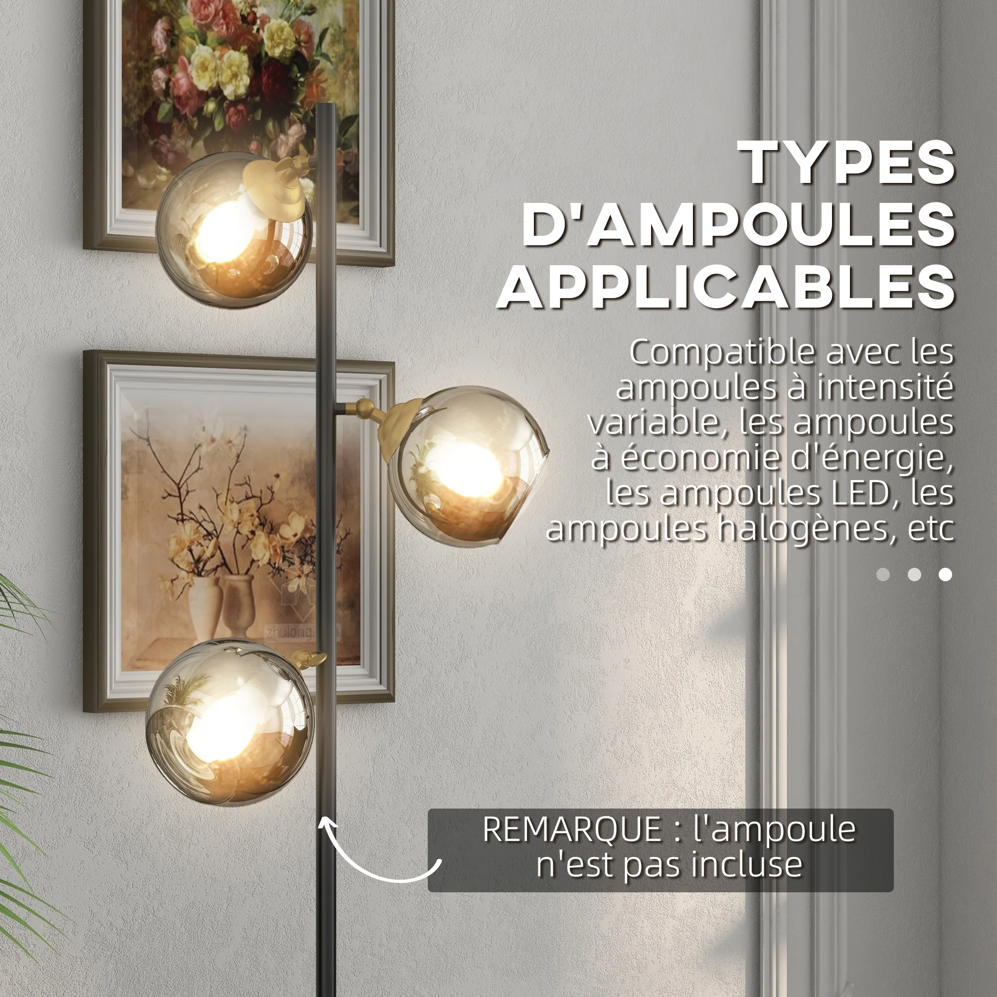 Lampadaire sur pied salon en métal avec 3 abat-jours globe métal chromé 40W ? 36 x 162H cm noir et gris - Image 8