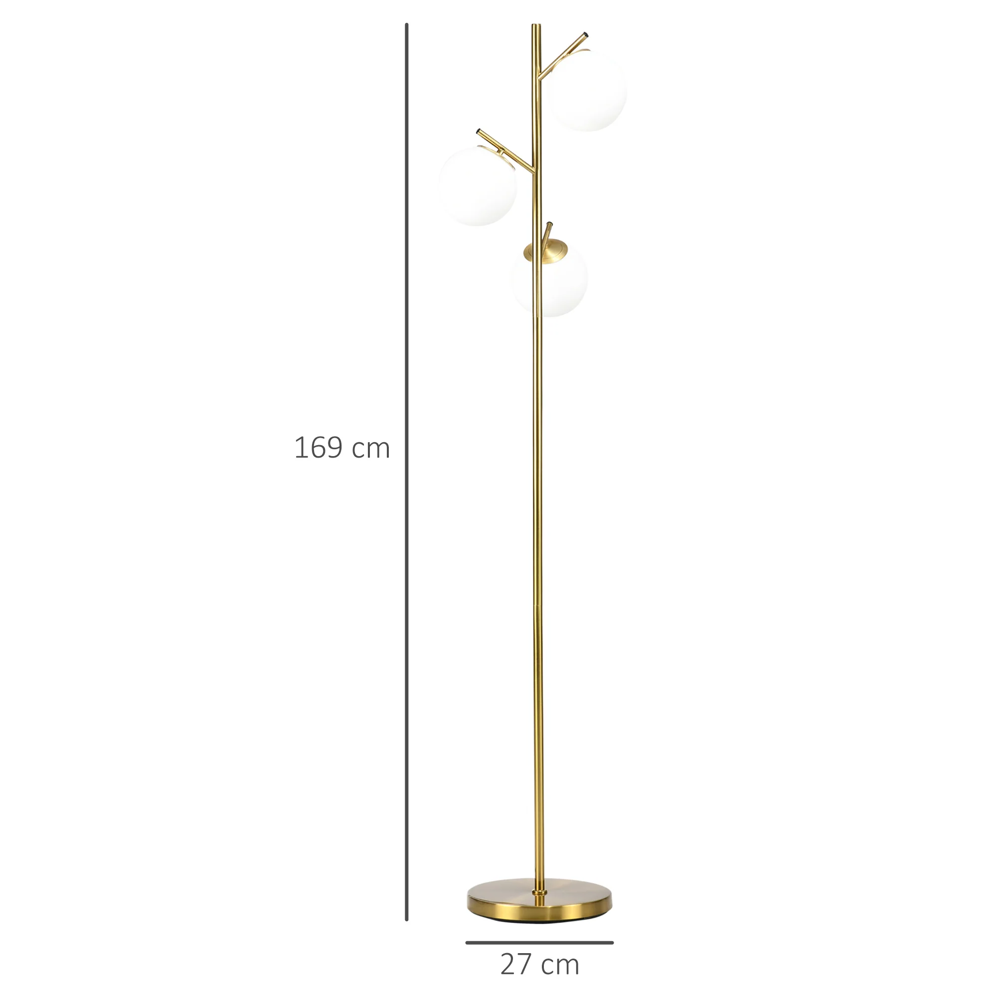 Lampadaire sur pied salon en métal doré avec 3 abat-jours globe blanc verre dépoli - 40W - ? 27 x 169 cm doré - Image 4
