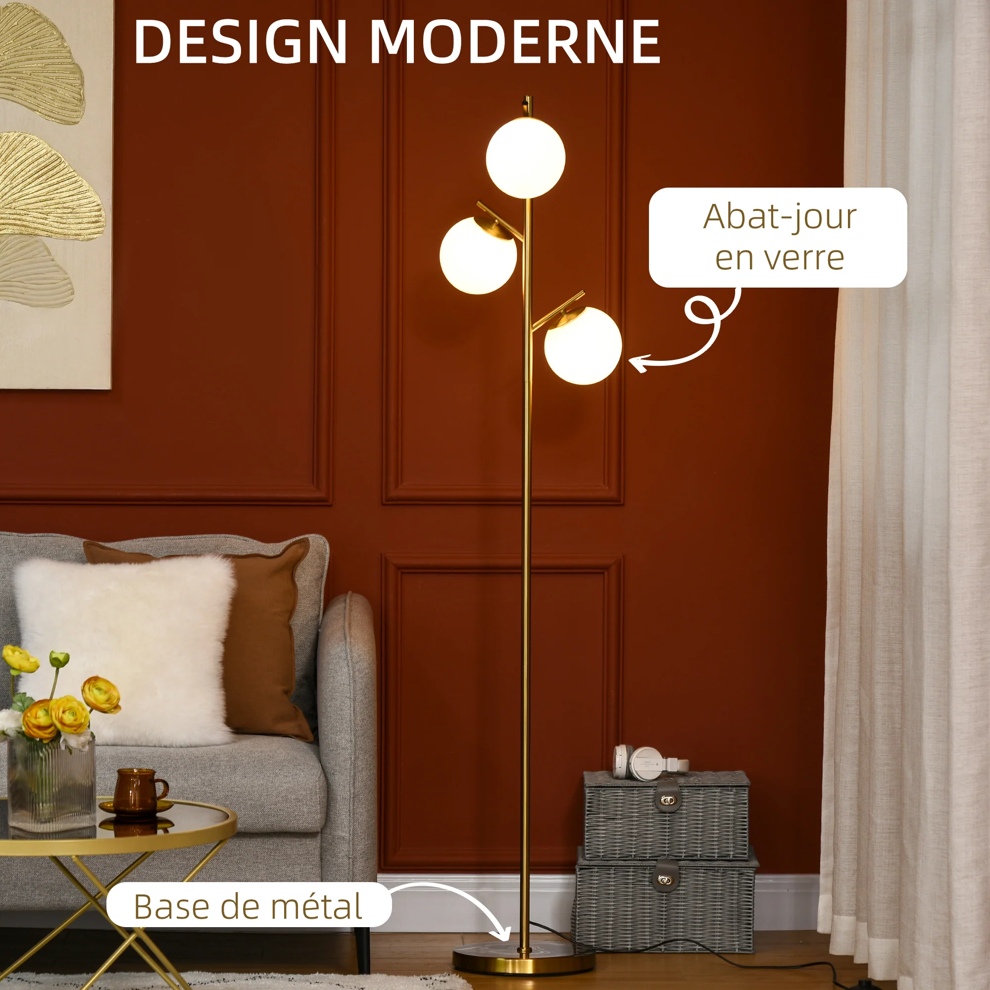 Lampadaire sur pied salon en métal doré avec 3 abat-jours globe blanc verre dépoli - 40W - ? 27 x 169 cm doré - Image 5