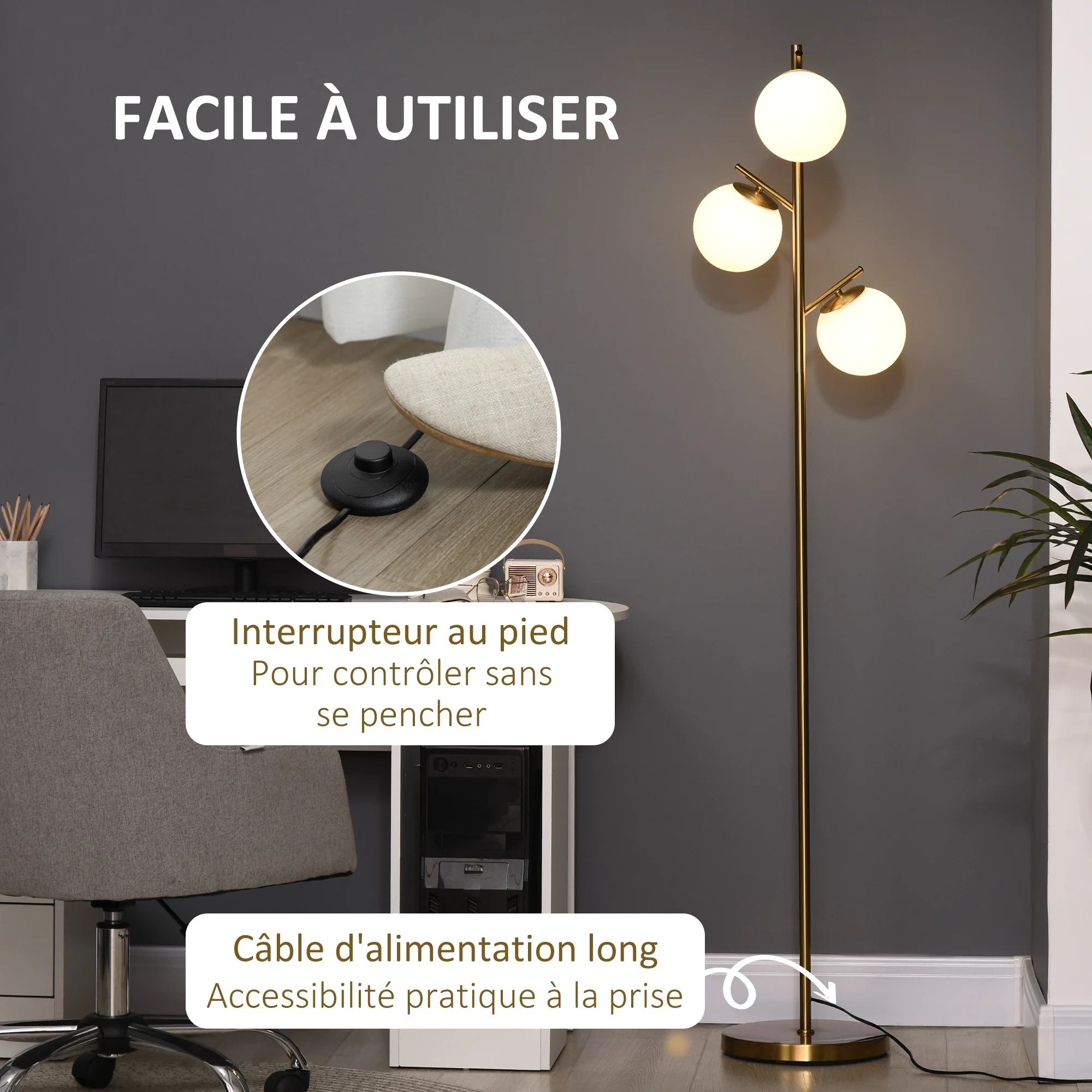 Lampadaire sur pied salon en métal doré avec 3 abat-jours globe blanc verre dépoli - 40W - ? 27 x 169 cm doré - Image 6