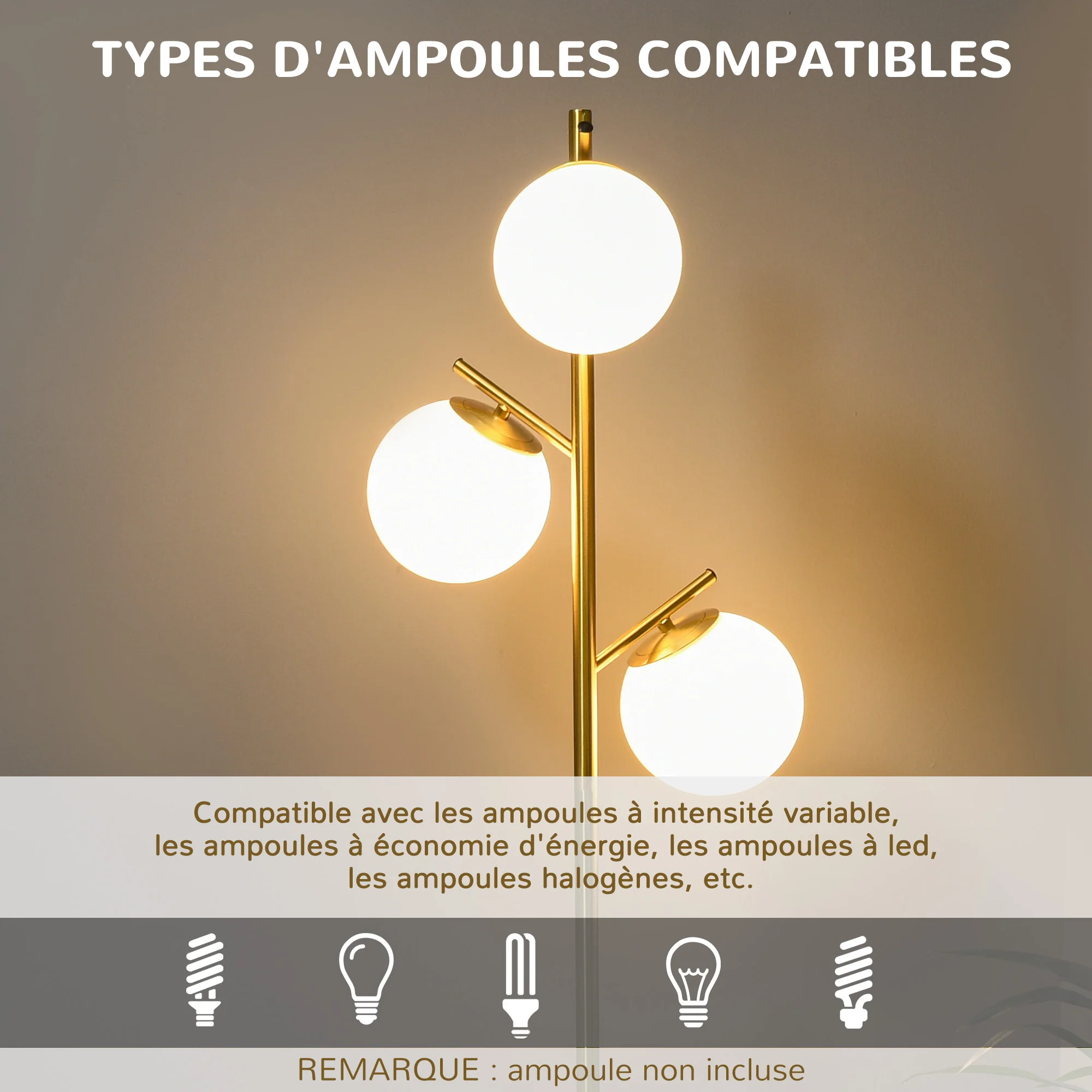 Lampadaire sur pied salon en métal doré avec 3 abat-jours globe blanc verre dépoli - 40W - ? 27 x 169 cm doré - Image 7