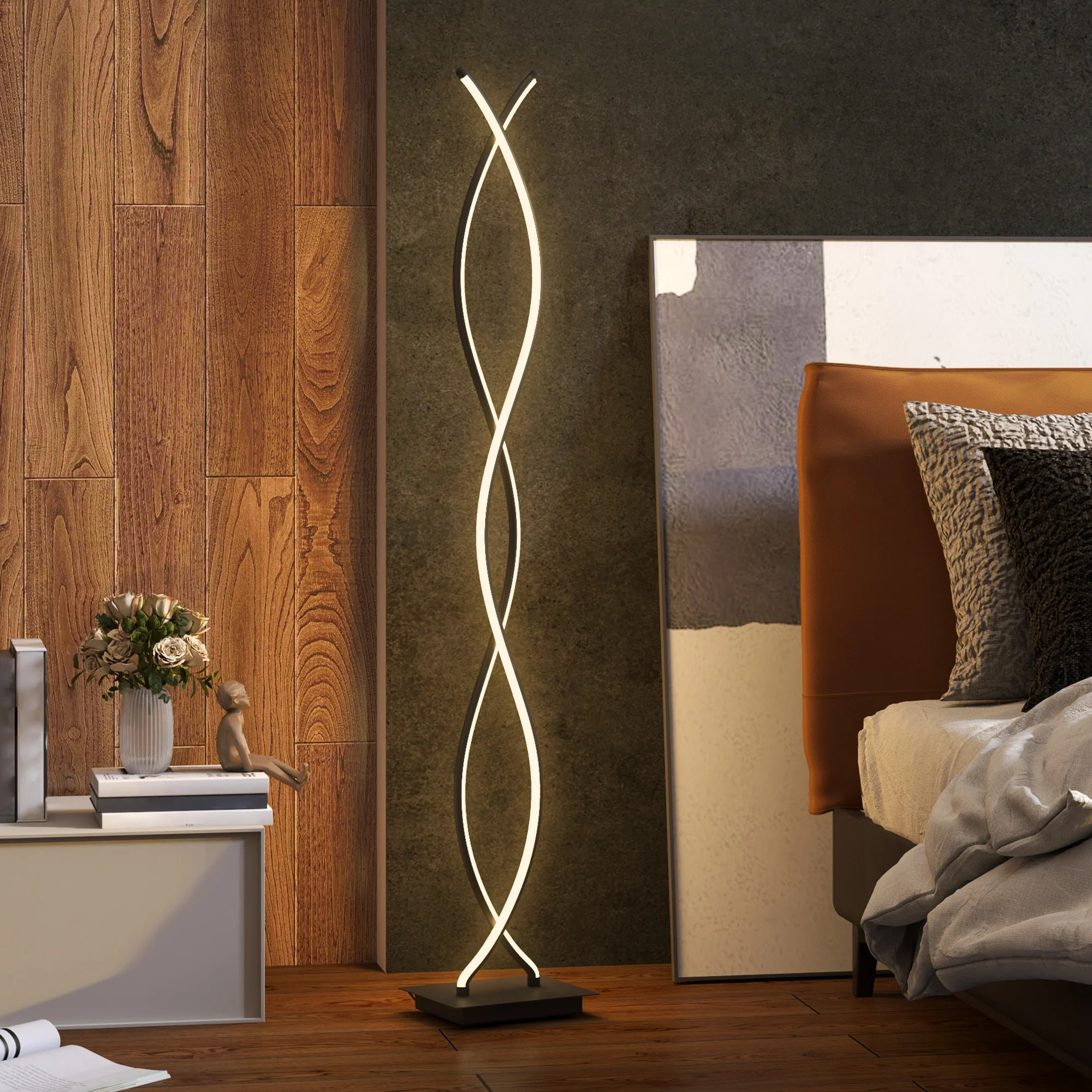 Lampadaire sur pied salon, lampe salon 3 niveaux de luminosité réglables, lampe sur pied moderne à double spirale avec interrupteur à pied, lampadaire salon, chambre à coucher, noir - Image 3