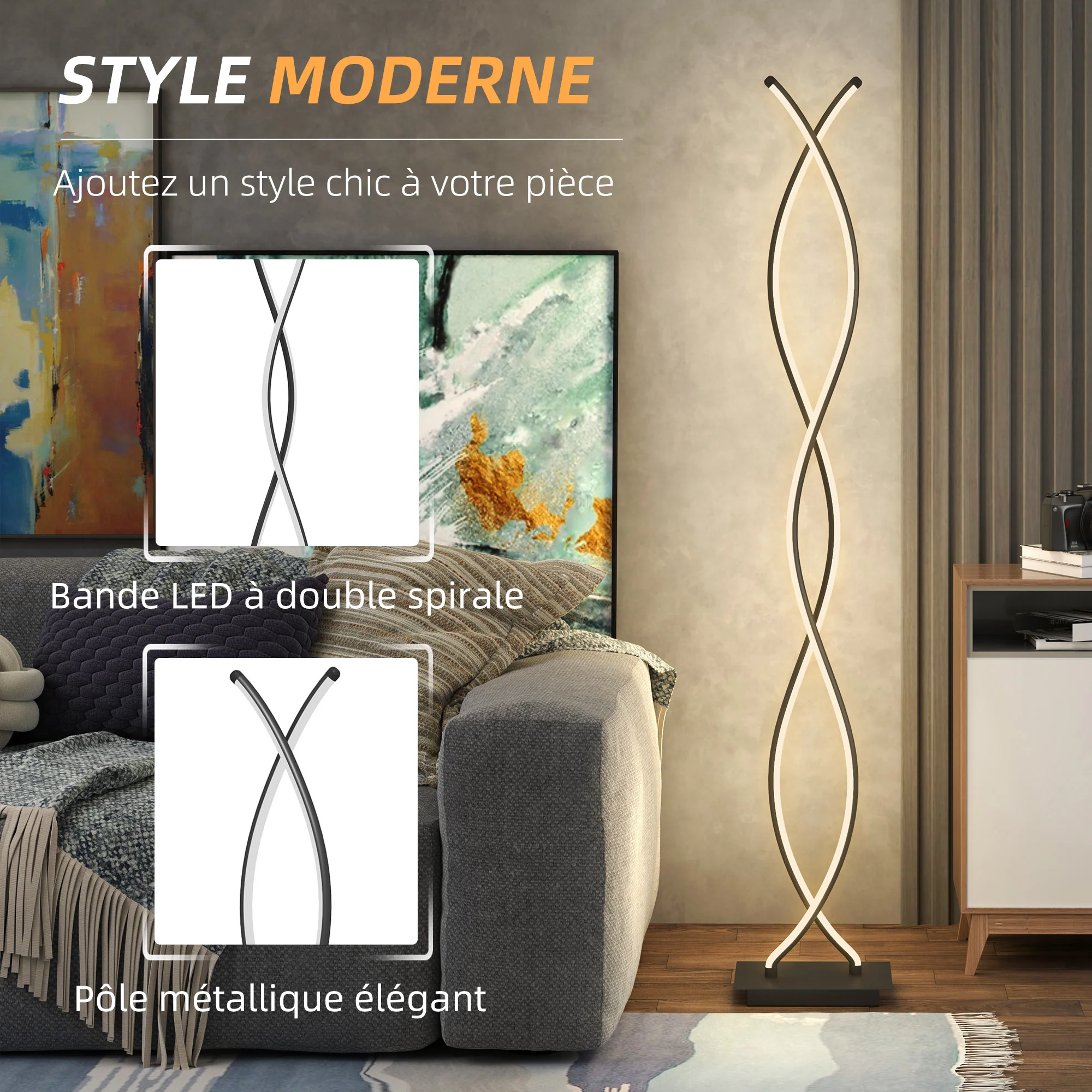 Lampadaire sur pied salon, lampe salon 3 niveaux de luminosité réglables, lampe sur pied moderne à double spirale avec interrupteur à pied, lampadaire salon, chambre à coucher, noir - Image 5
