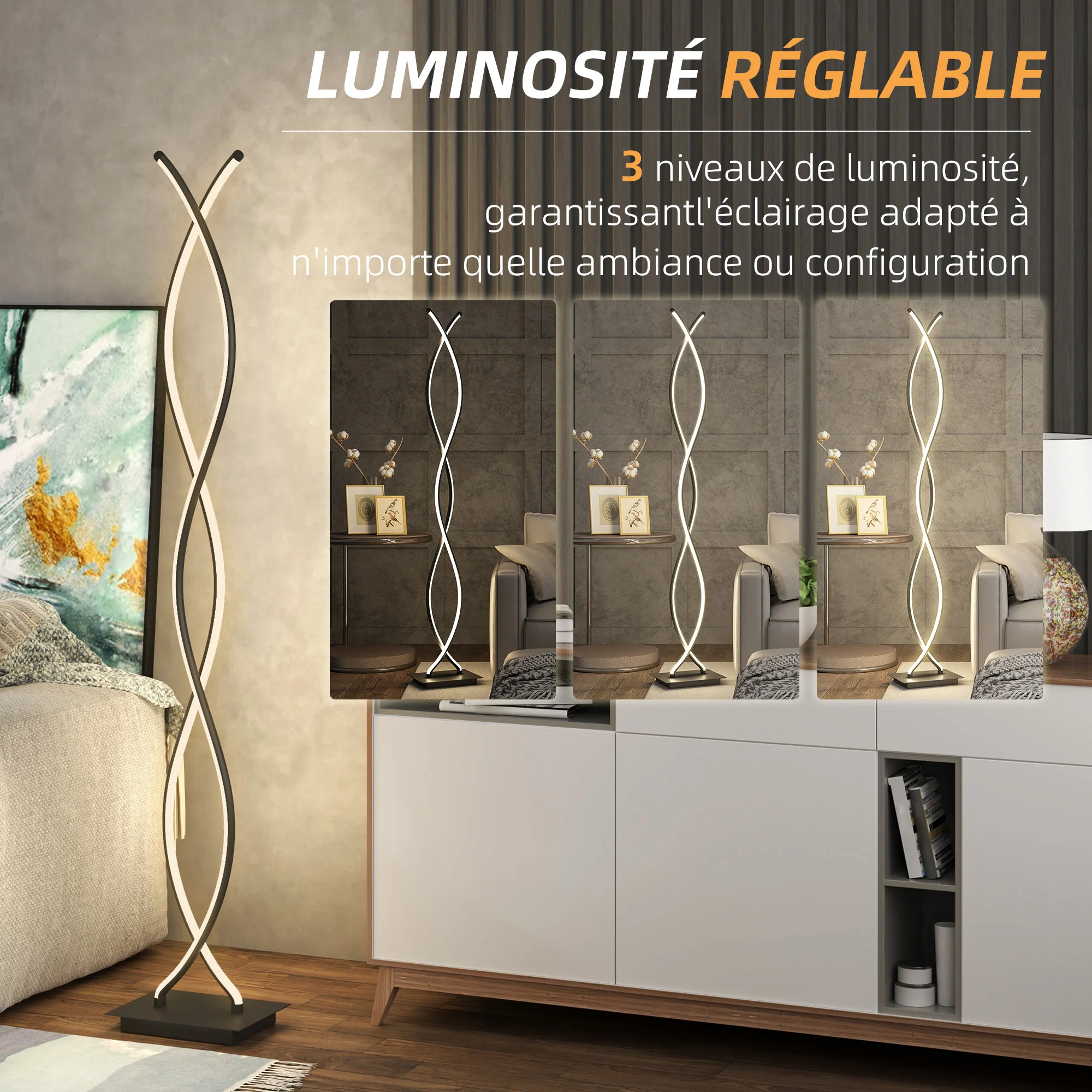 Lampadaire sur pied salon, lampe salon 3 niveaux de luminosité réglables, lampe sur pied moderne à double spirale avec interrupteur à pied, lampadaire salon, chambre à coucher, noir - Image 6