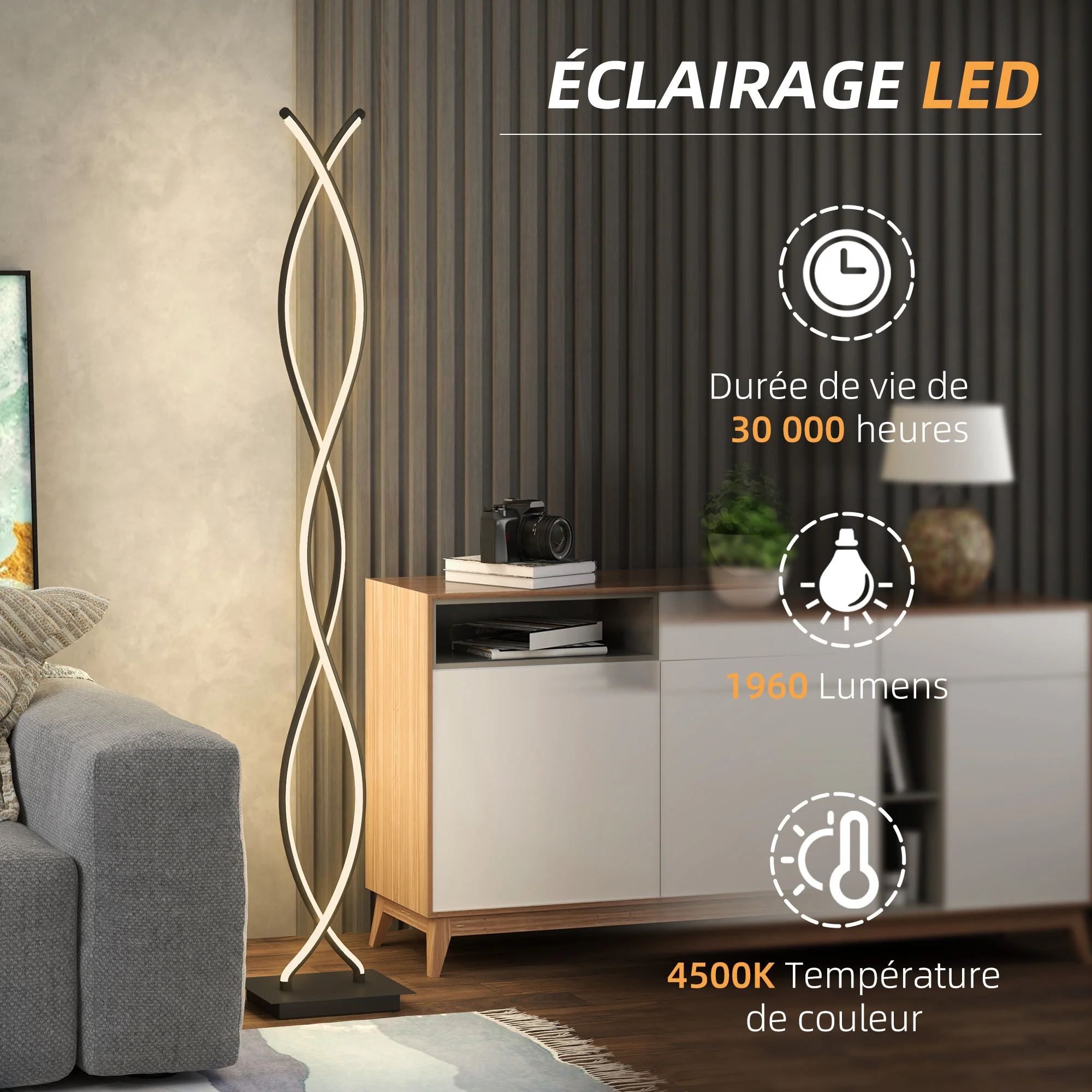 Lampadaire sur pied salon, lampe salon 3 niveaux de luminosité réglables, lampe sur pied moderne à double spirale avec interrupteur à pied, lampadaire salon, chambre à coucher, noir - Image 7
