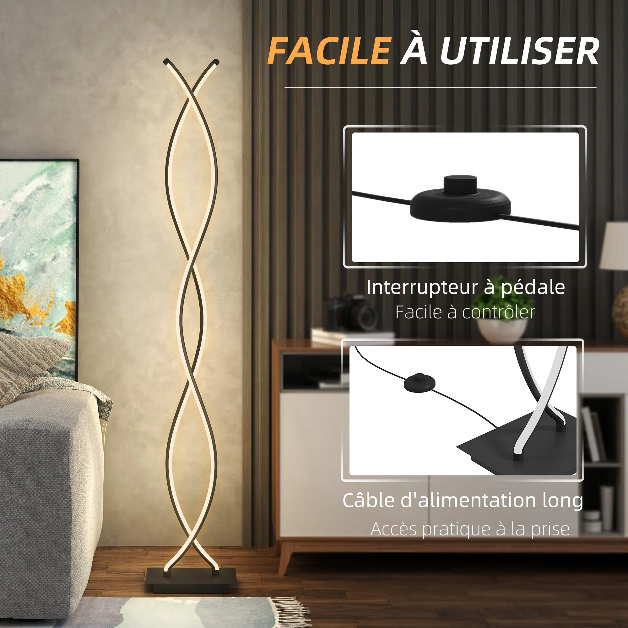 Lampadaire sur pied salon, lampe salon 3 niveaux de luminosité réglables, lampe sur pied moderne à double spirale avec interrupteur à pied, lampadaire salon, chambre à coucher, noir - Image 8