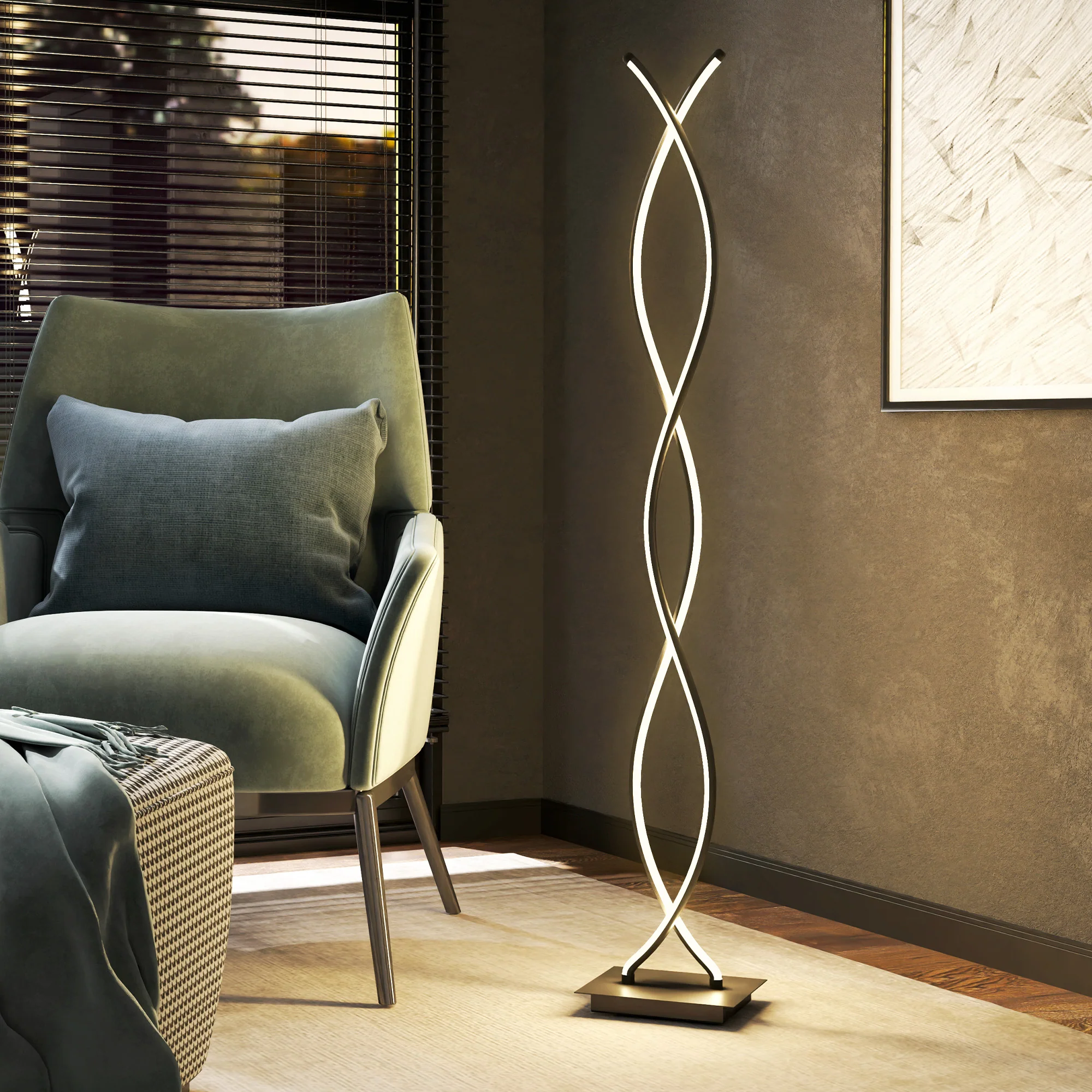 Lampadaire sur pied salon, lampe salon 3 niveaux de luminosité réglables, lampe sur pied moderne à double spirale avec interrupteur à pied, lampadaire salon, chambre à coucher, noir - Image 9