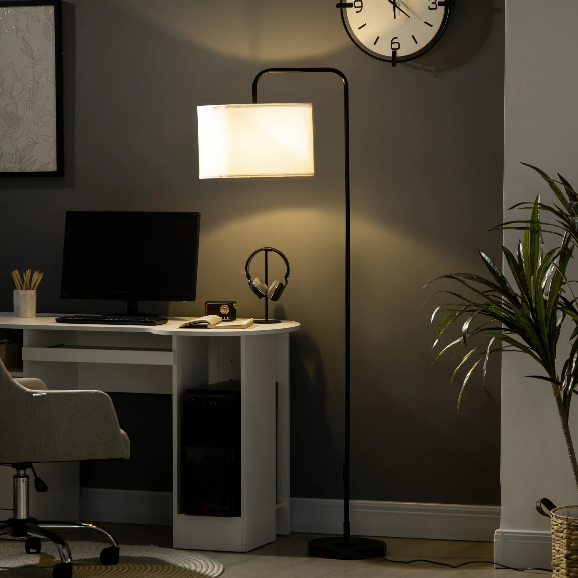 Lampadaire sur pied salon, lampe salon avec abat-jour en tissu effet lin, interrupteur à pied, lampe de lecture en métal, pour salon, chambre, bureau, noir et blanc - Image 3
