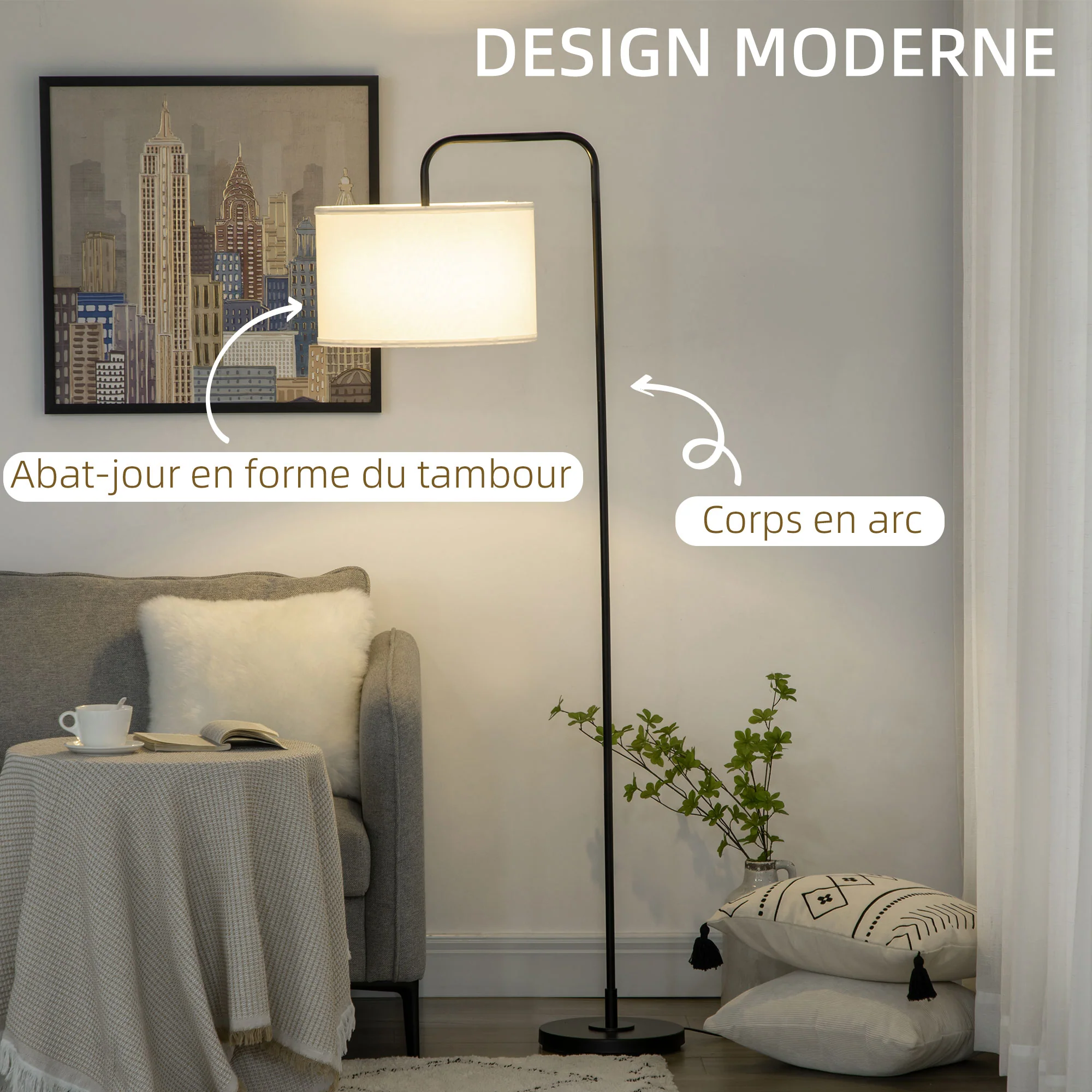 Lampadaire sur pied salon, lampe salon avec abat-jour en tissu effet lin, interrupteur à pied, lampe de lecture en métal, pour salon, chambre, bureau, noir et blanc - Image 5