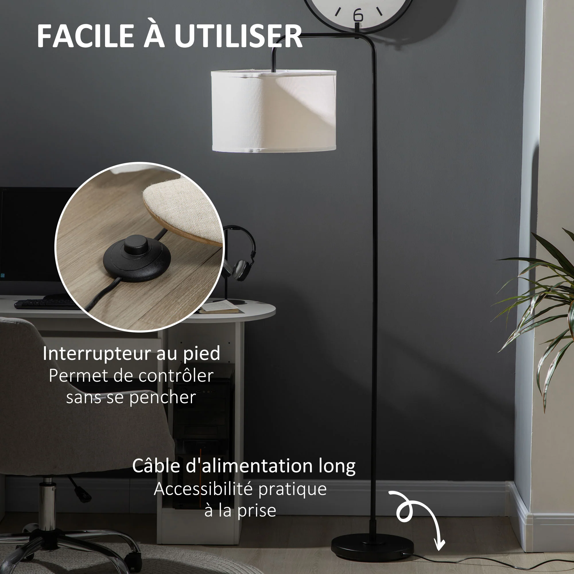 Lampadaire sur pied salon, lampe salon avec abat-jour en tissu effet lin, interrupteur à pied, lampe de lecture en métal, pour salon, chambre, bureau, noir et blanc - Image 6