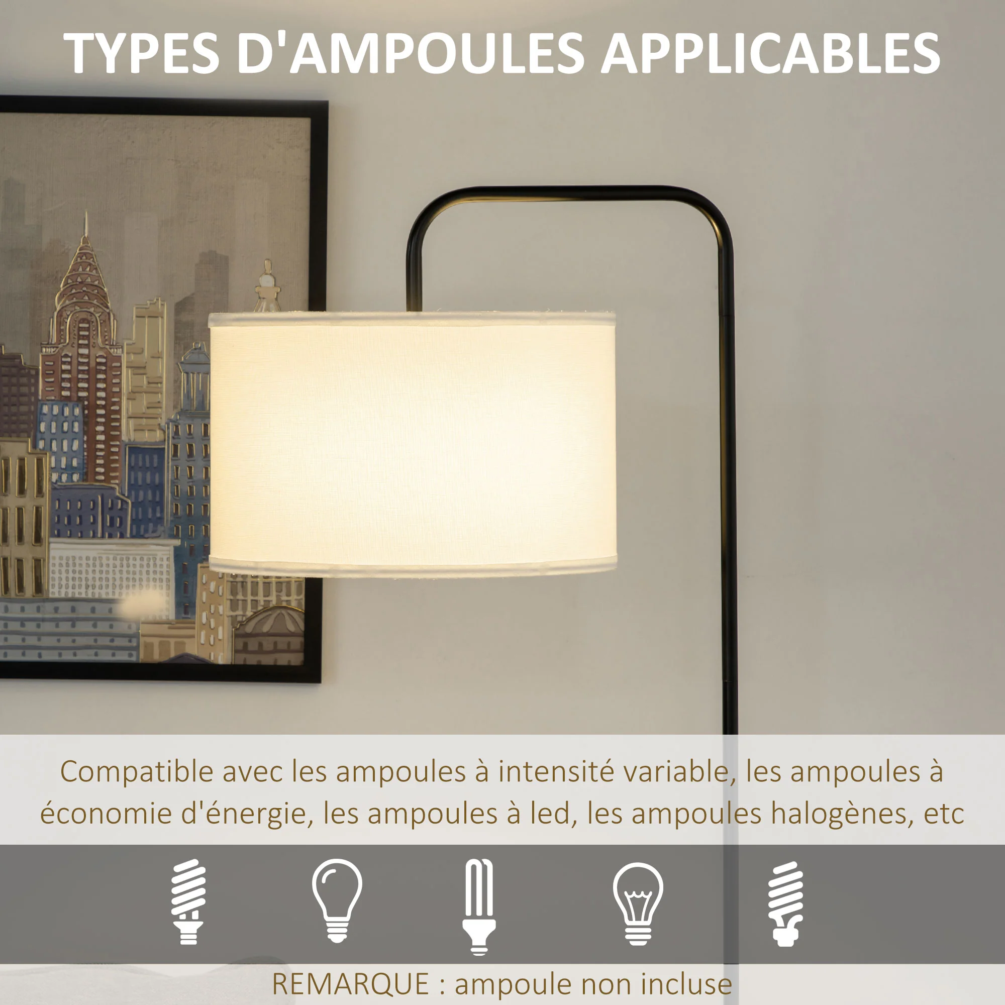 Lampadaire sur pied salon, lampe salon avec abat-jour en tissu effet lin, interrupteur à pied, lampe de lecture en métal, pour salon, chambre, bureau, noir et blanc - Image 7