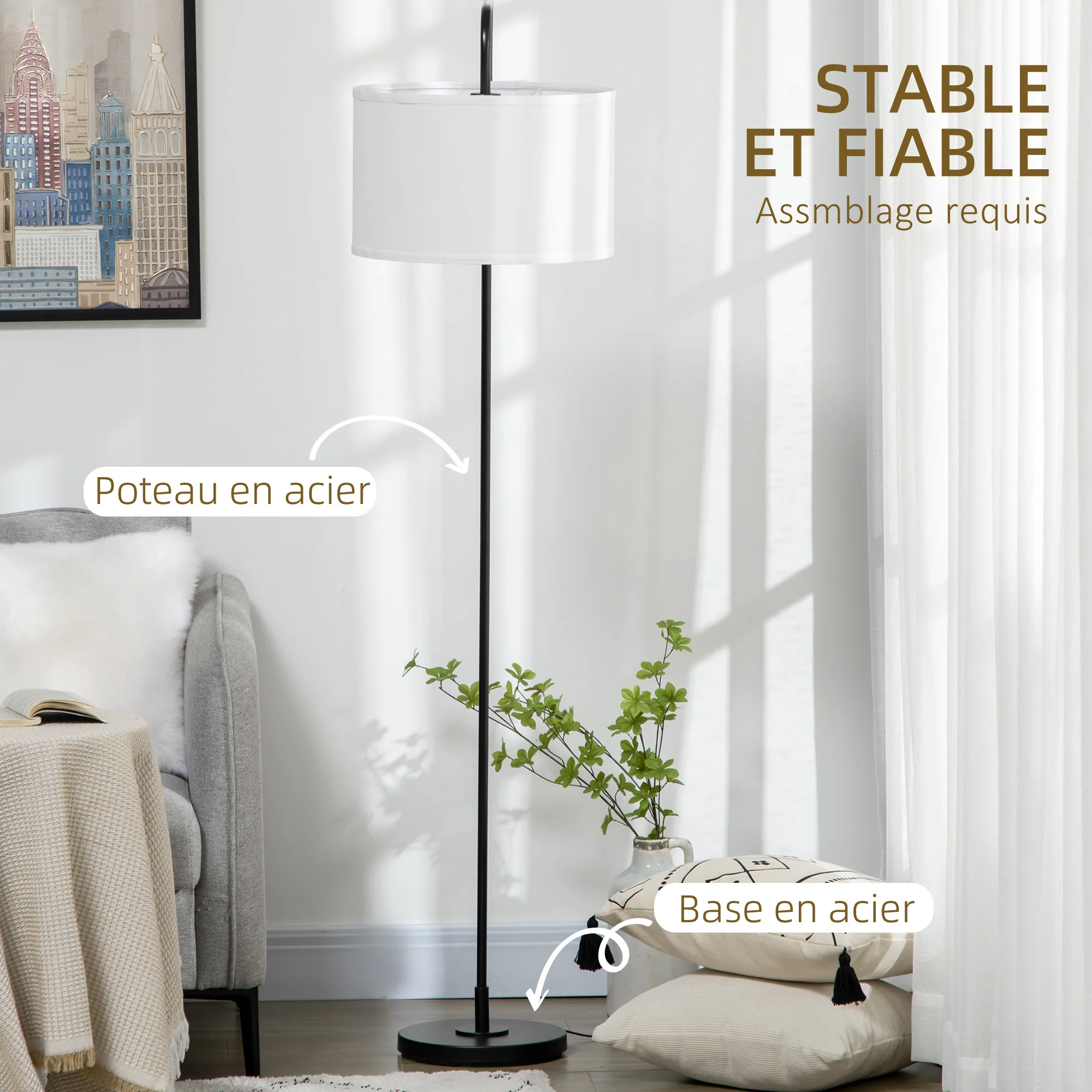 Lampadaire sur pied salon, lampe salon avec abat-jour en tissu effet lin, interrupteur à pied, lampe de lecture en métal, pour salon, chambre, bureau, noir et blanc - Image 8