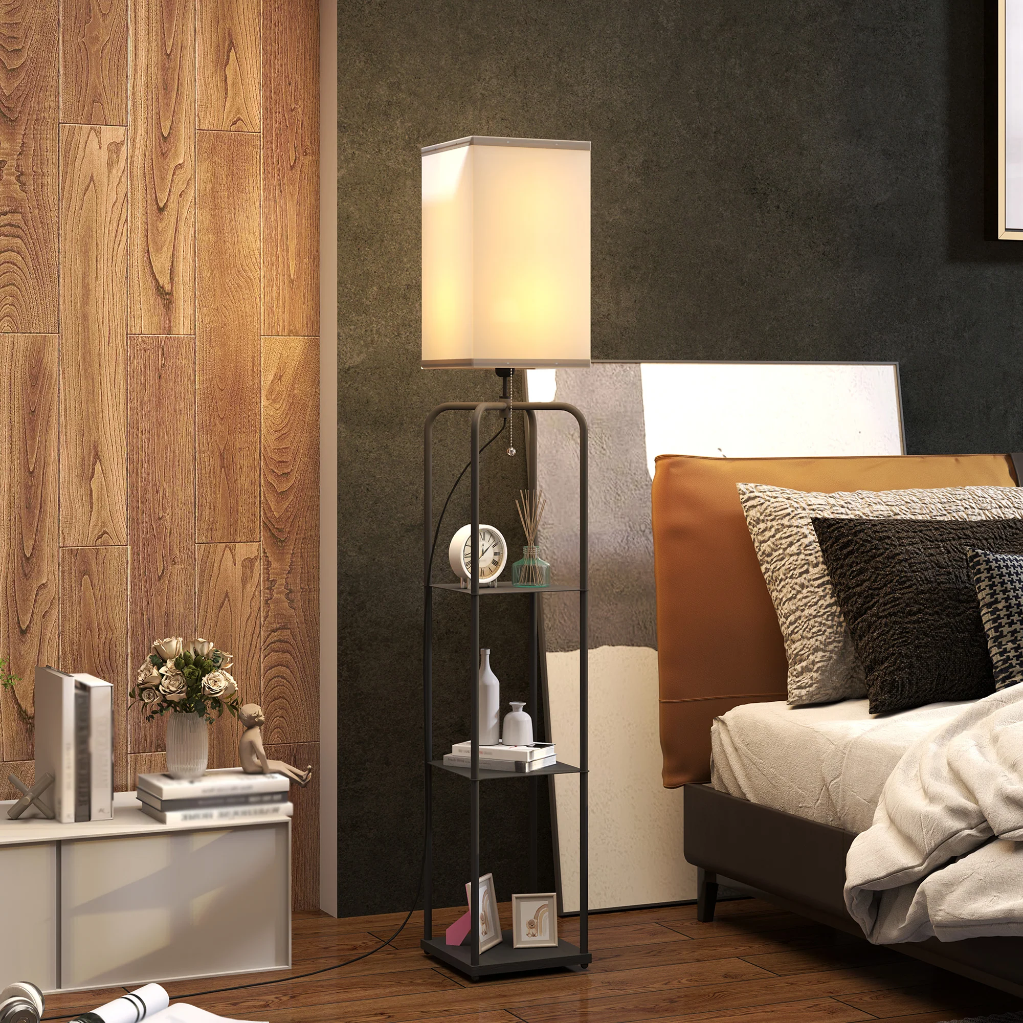 Lampadaire sur pied salon, lampe salon moderne, lampadaire avec étagères, abat-jour en tissu, interrupteur à cha?nette pour chambre à coucher, bureau, ampoule non incluse, noir - Image 3