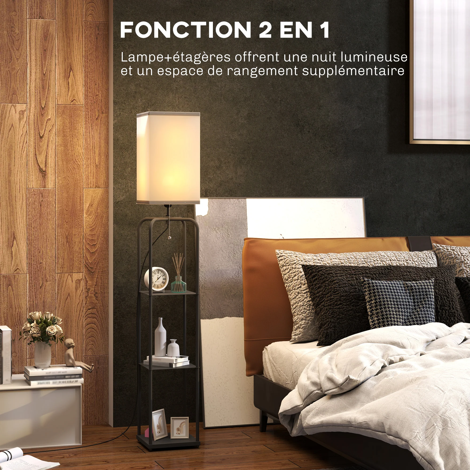Lampadaire sur pied salon, lampe salon moderne, lampadaire avec étagères, abat-jour en tissu, interrupteur à cha?nette pour chambre à coucher, bureau, ampoule non incluse, noir - Image 5