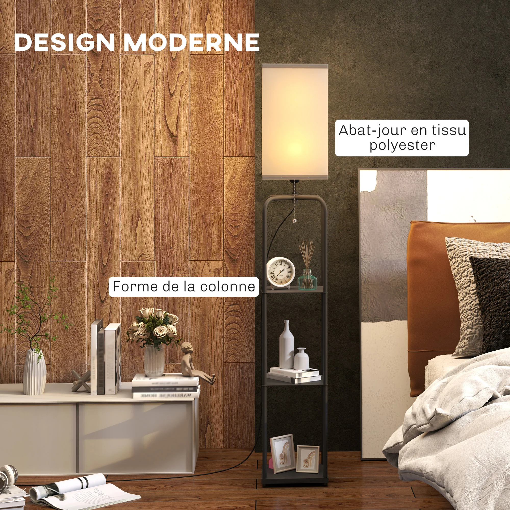 Lampadaire sur pied salon, lampe salon moderne, lampadaire avec étagères, abat-jour en tissu, interrupteur à cha?nette pour chambre à coucher, bureau, ampoule non incluse, noir - Image 6