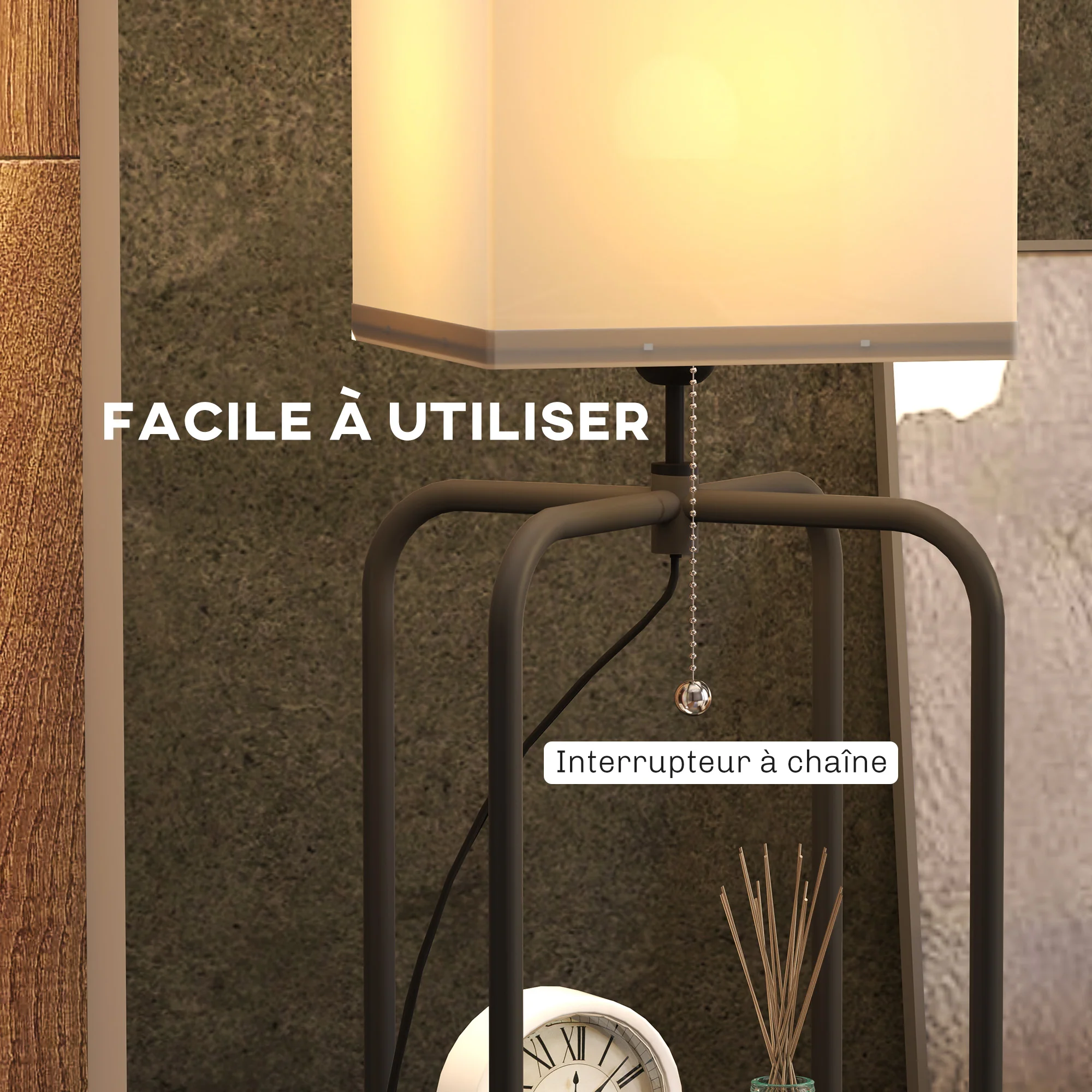 Lampadaire sur pied salon, lampe salon moderne, lampadaire avec étagères, abat-jour en tissu, interrupteur à cha?nette pour chambre à coucher, bureau, ampoule non incluse, noir - Image 7