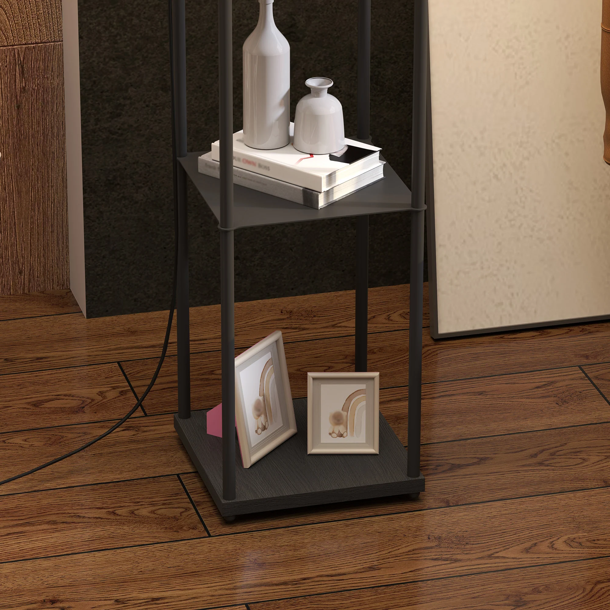 Lampadaire sur pied salon, lampe salon moderne, lampadaire avec étagères, abat-jour en tissu, interrupteur à cha?nette pour chambre à coucher, bureau, ampoule non incluse, noir - Image 9