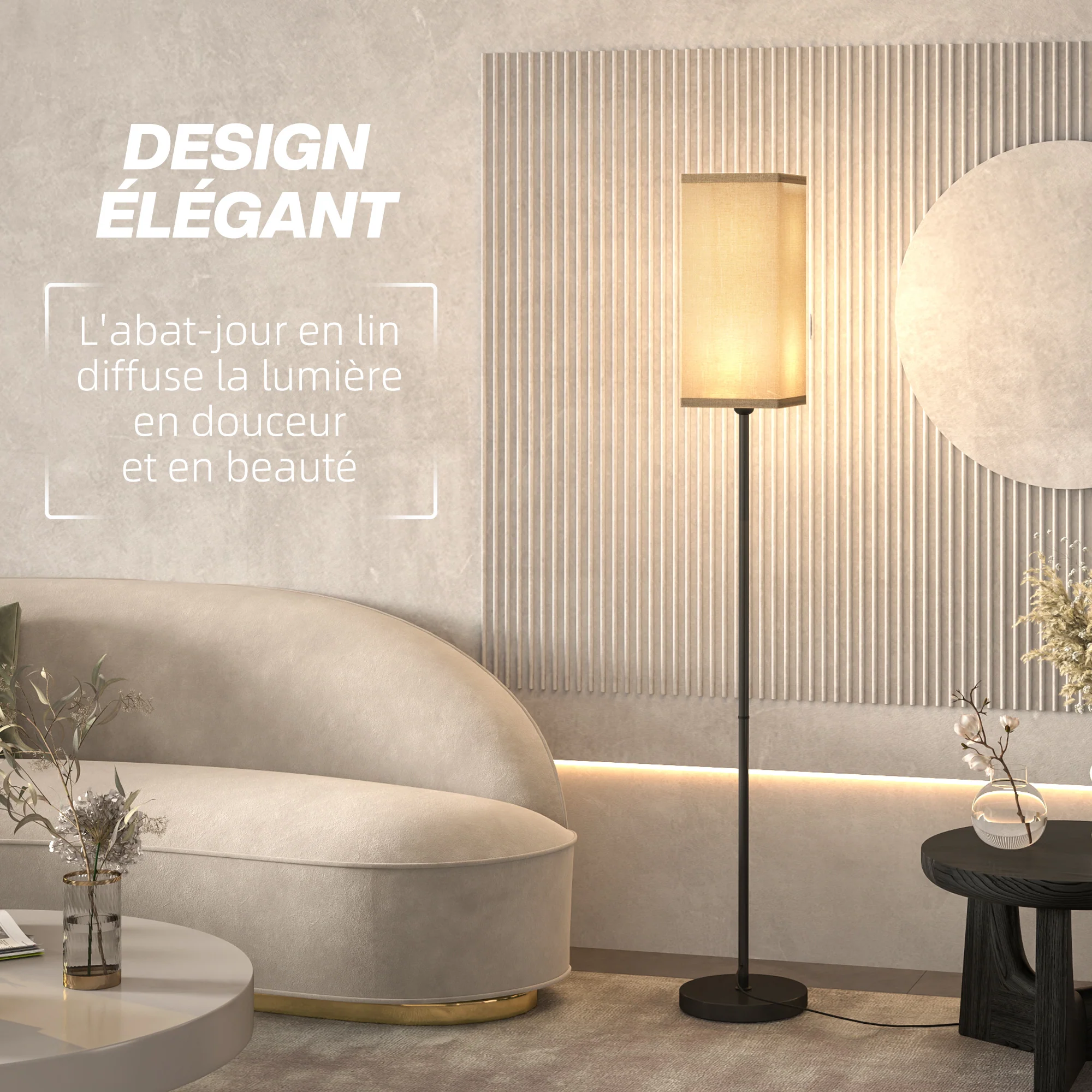 Lampadaire sur pied salon, lampe salon sur pied, avec abat-jour beige effet lin, interrupteur, pour chambre à coucher, noir - Image 5