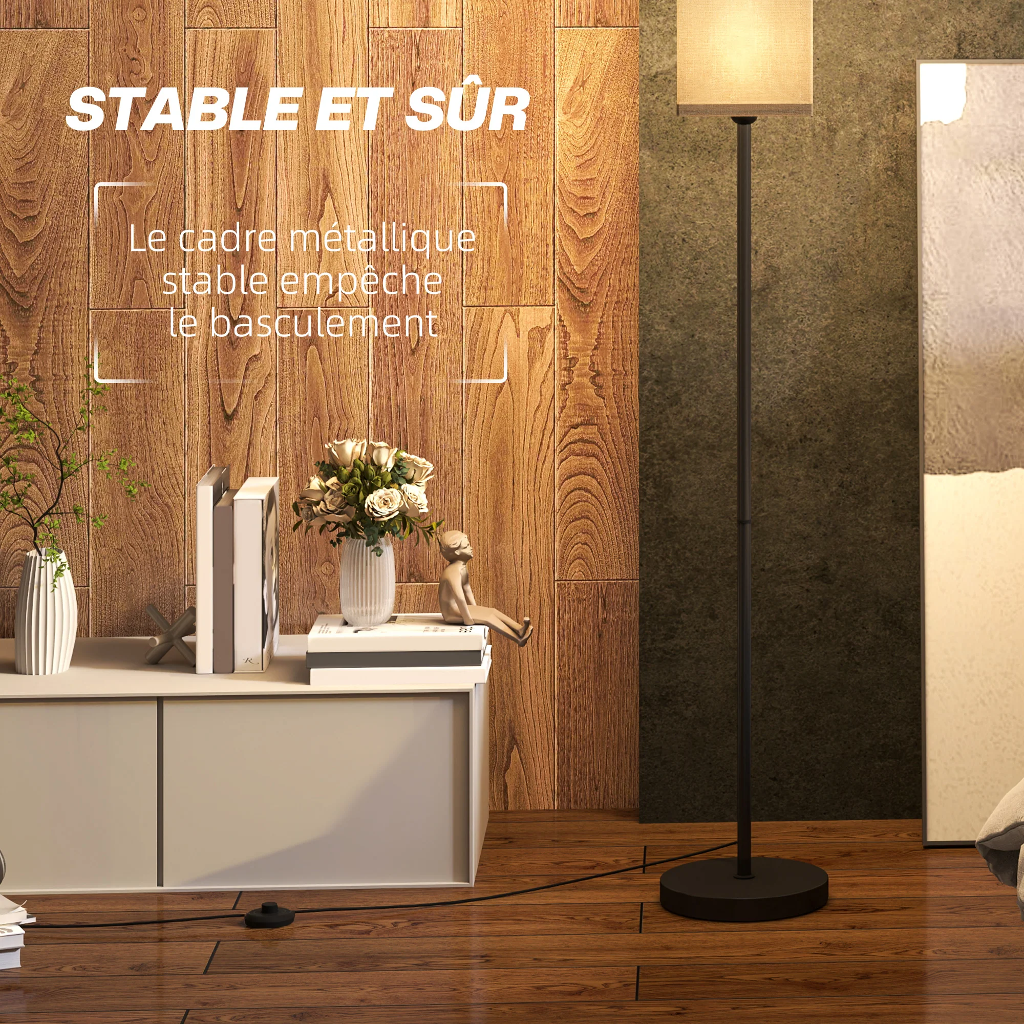 Lampadaire sur pied salon, lampe salon sur pied, avec abat-jour beige effet lin, interrupteur, pour chambre à coucher, noir - Image 7