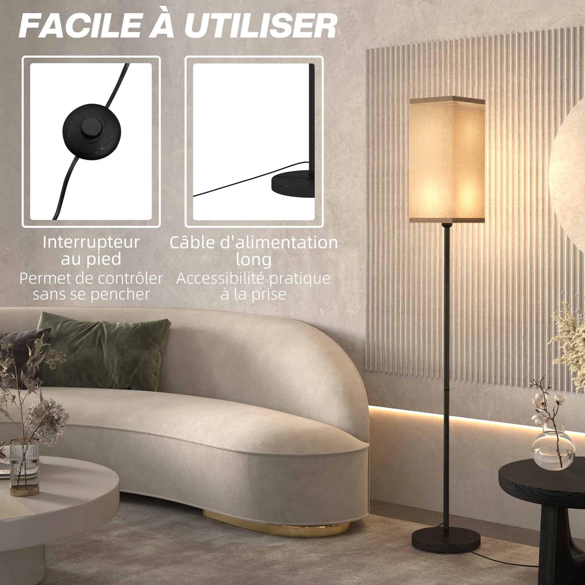 Lampadaire sur pied salon, lampe salon sur pied, avec abat-jour beige effet lin, interrupteur, pour chambre à coucher, noir - Image 8