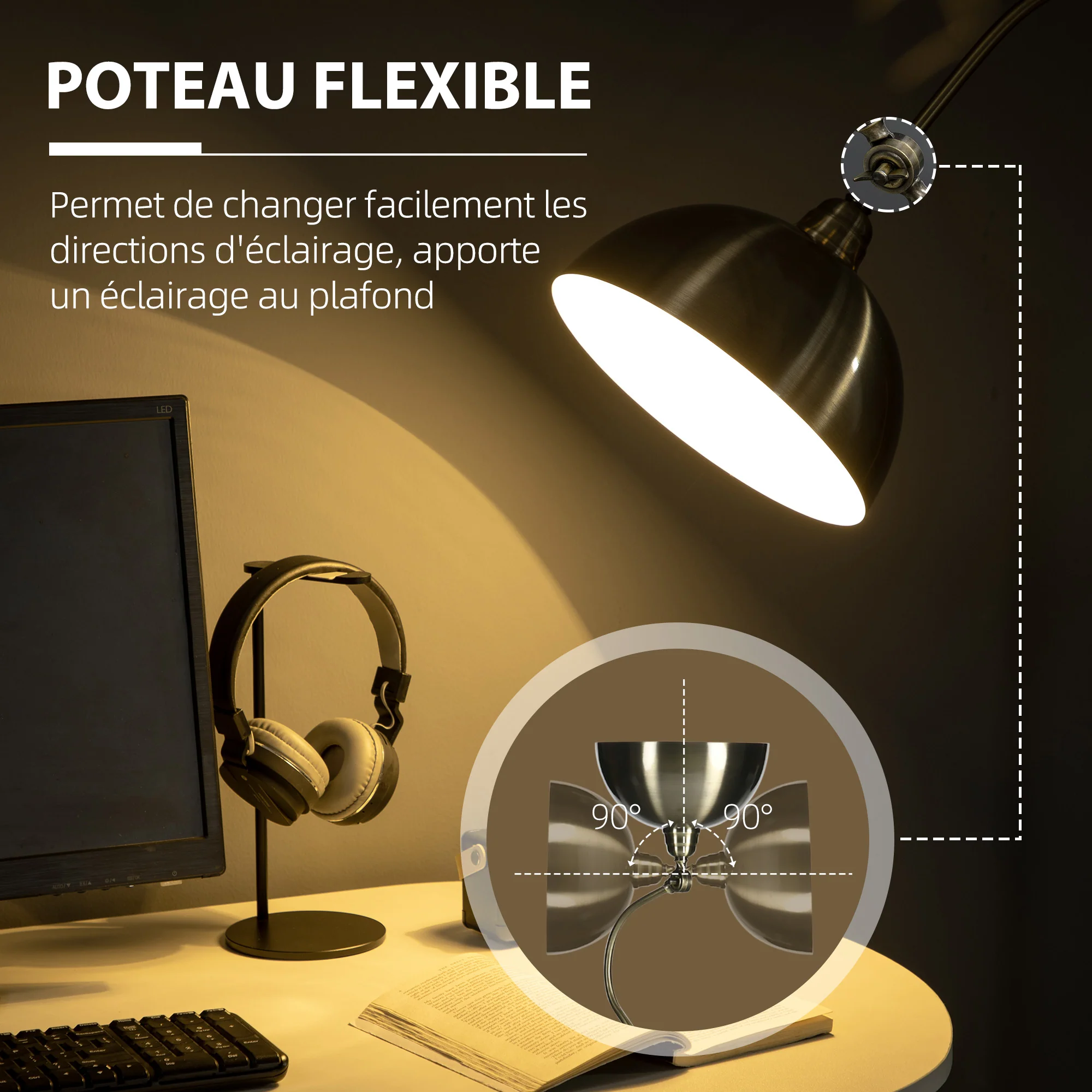 Lampadaire sur pied salon rotatif à 180°, lampadaire à arc avec abat-jour réglable, interrupteur, lampe sur pied E27, lampe de lecture en métal, pour salon, chambre, bureau, bronze - Image 5