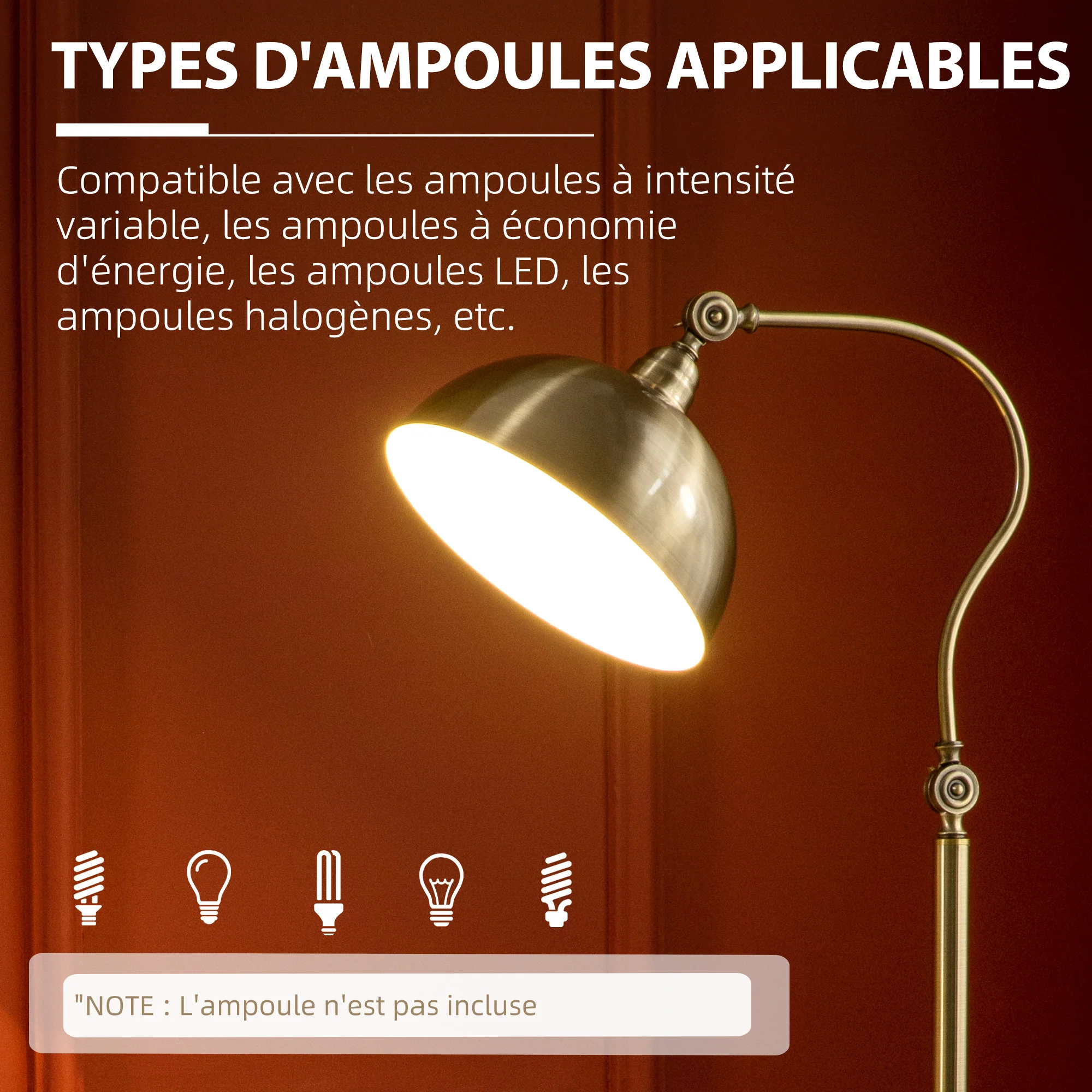 Lampadaire sur pied salon rotatif à 180°, lampadaire à arc avec abat-jour réglable, interrupteur, lampe sur pied E27, lampe de lecture en métal, pour salon, chambre, bureau, bronze - Image 8