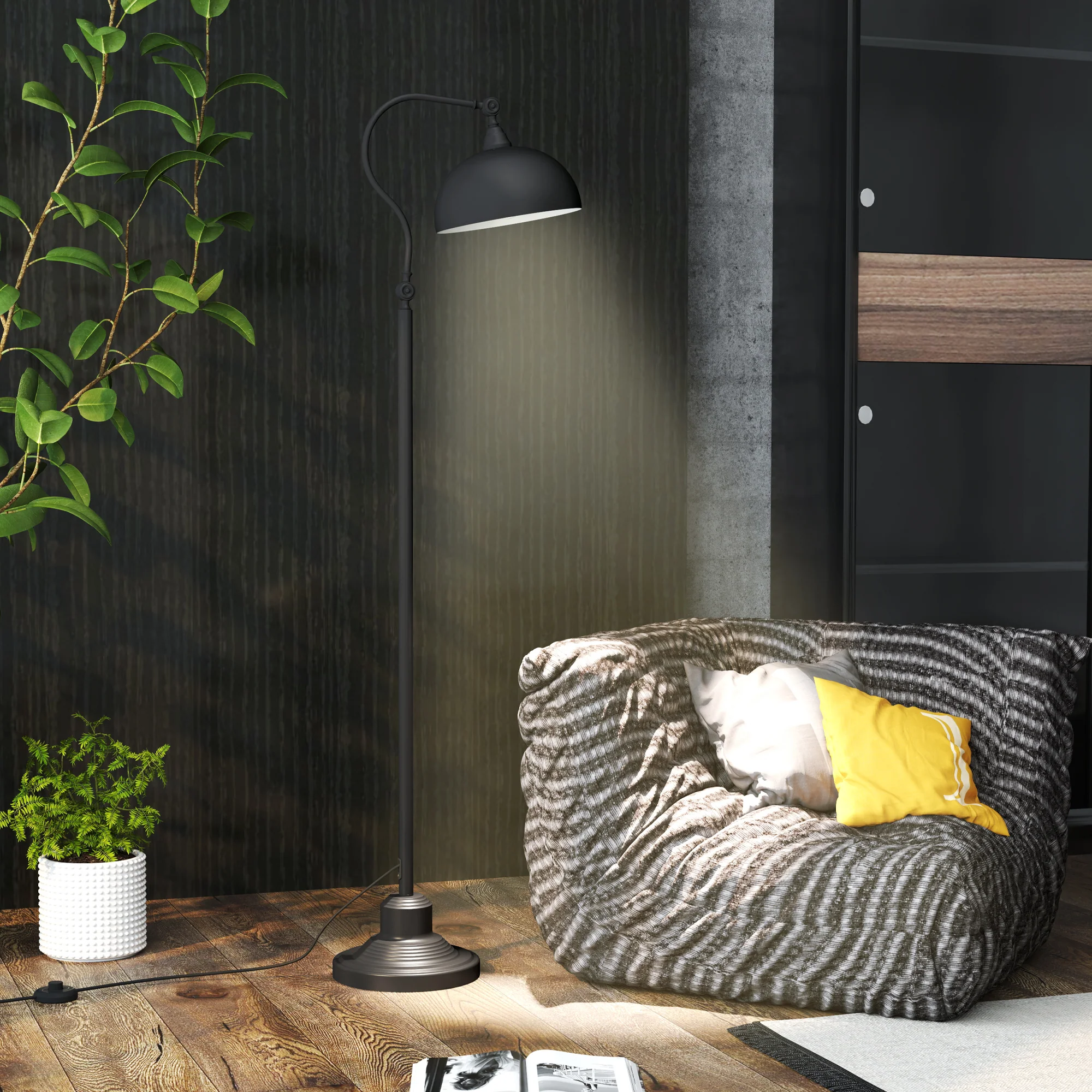 Lampadaire sur pied salon rotatif à 180°, lampadaire à arc avec abat-jour réglable, interrupteur, lampe sur pied E27, lampe de lecture en métal, pour salon, chambre, bureau, noir - Image 3