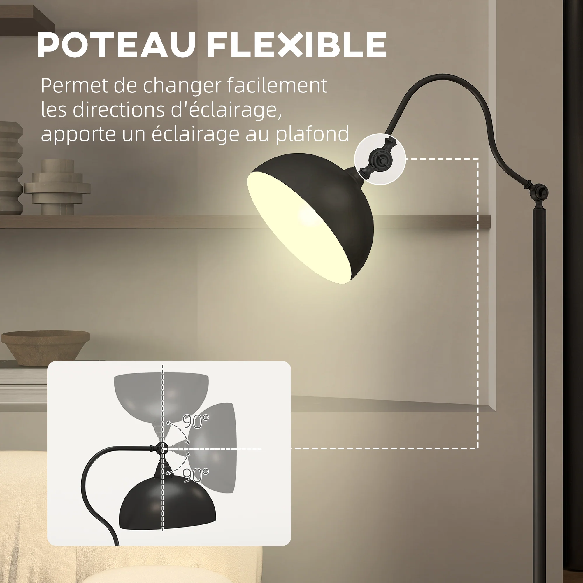 Lampadaire sur pied salon rotatif à 180°, lampadaire à arc avec abat-jour réglable, interrupteur, lampe sur pied E27, lampe de lecture en métal, pour salon, chambre, bureau, noir - Image 5