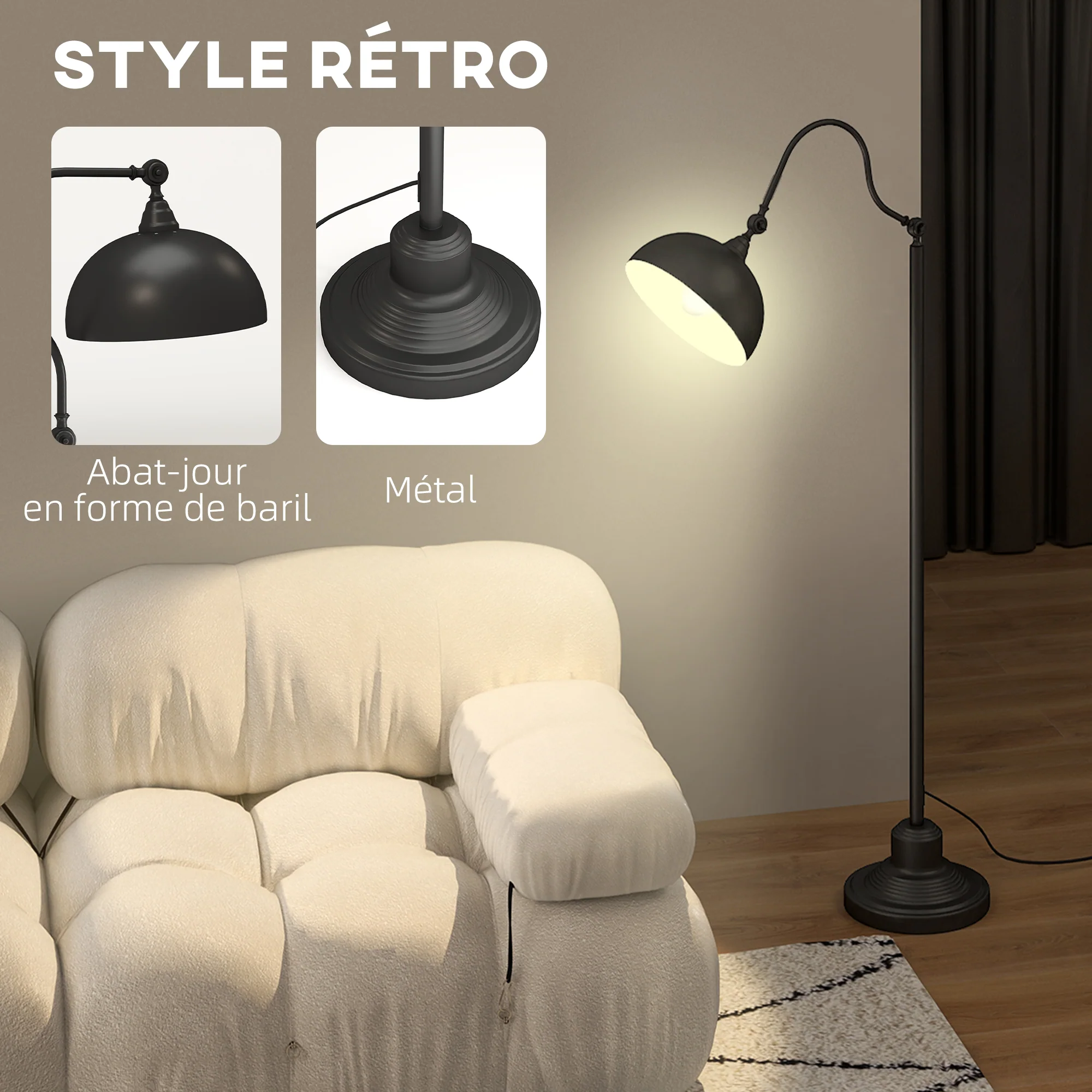 Lampadaire sur pied salon rotatif à 180°, lampadaire à arc avec abat-jour réglable, interrupteur, lampe sur pied E27, lampe de lecture en métal, pour salon, chambre, bureau, noir - Image 6