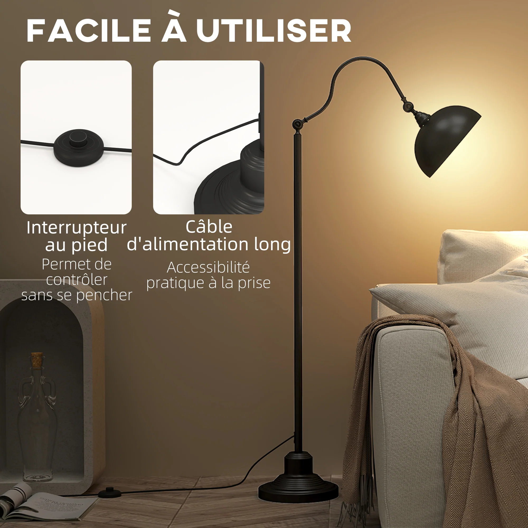 Lampadaire sur pied salon rotatif à 180°, lampadaire à arc avec abat-jour réglable, interrupteur, lampe sur pied E27, lampe de lecture en métal, pour salon, chambre, bureau, noir - Image 7