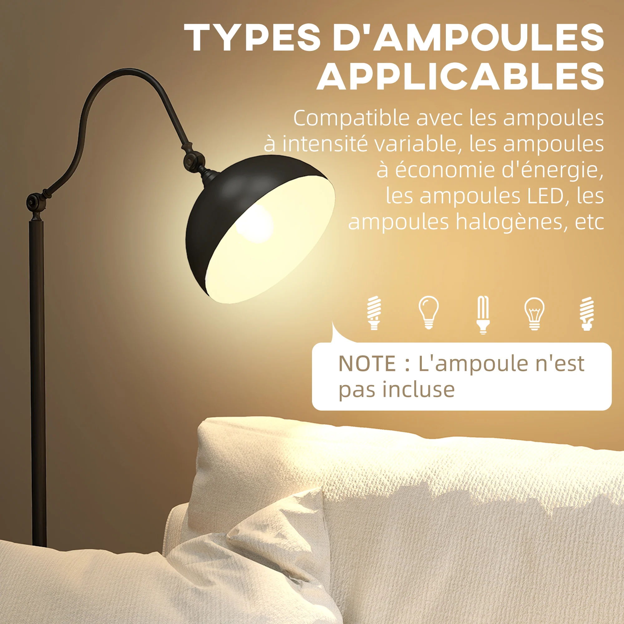 Lampadaire sur pied salon rotatif à 180°, lampadaire à arc avec abat-jour réglable, interrupteur, lampe sur pied E27, lampe de lecture en métal, pour salon, chambre, bureau, noir - Image 8