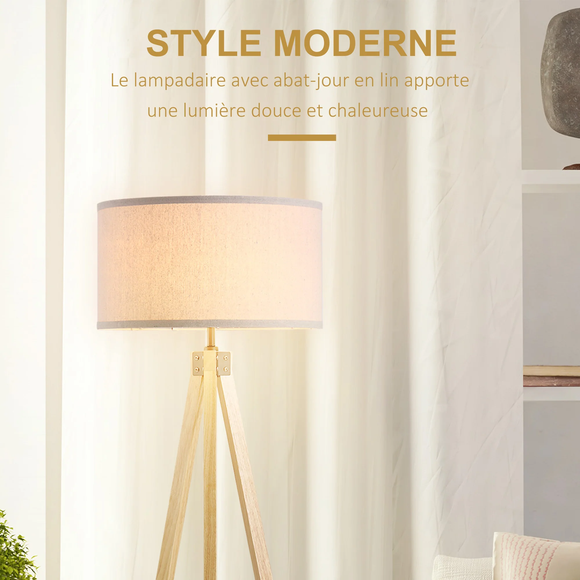 Lampadaire trépied style scandinave 40 W max. dim. 45L x 45l x 152H cm bois de pin lin beige - Image 5