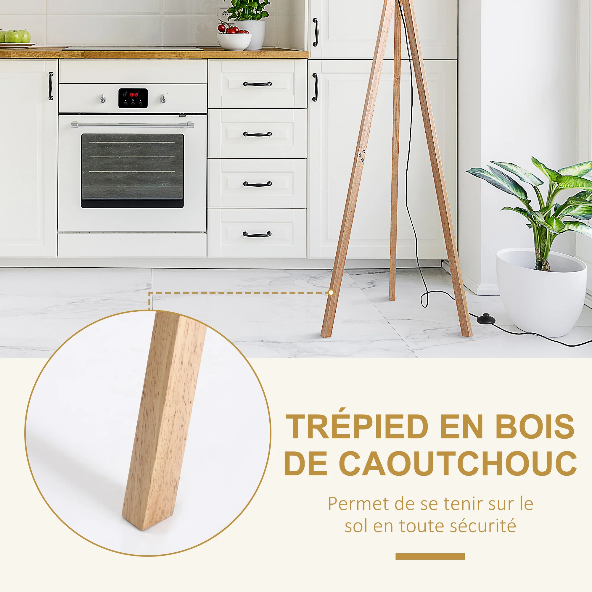 Lampadaire trépied style scandinave 40 W max. dim. 45L x 45l x 152H cm bois de pin lin beige - Image 6