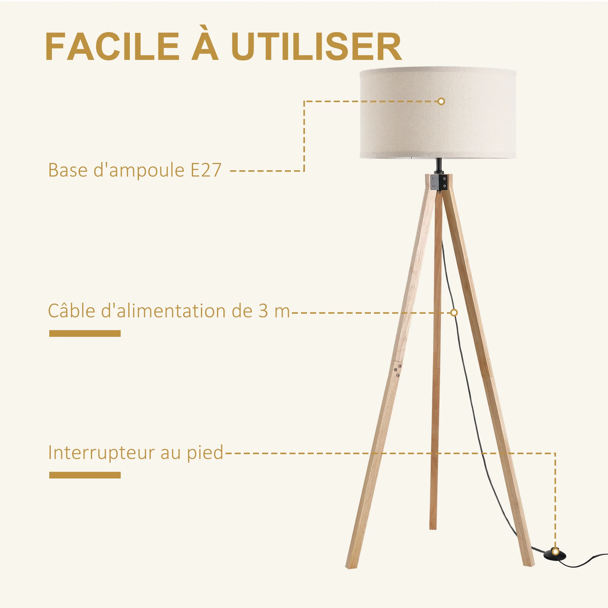 Lampadaire trépied style scandinave 40 W max. dim. 45L x 45l x 152H cm bois de pin lin beige - Image 7